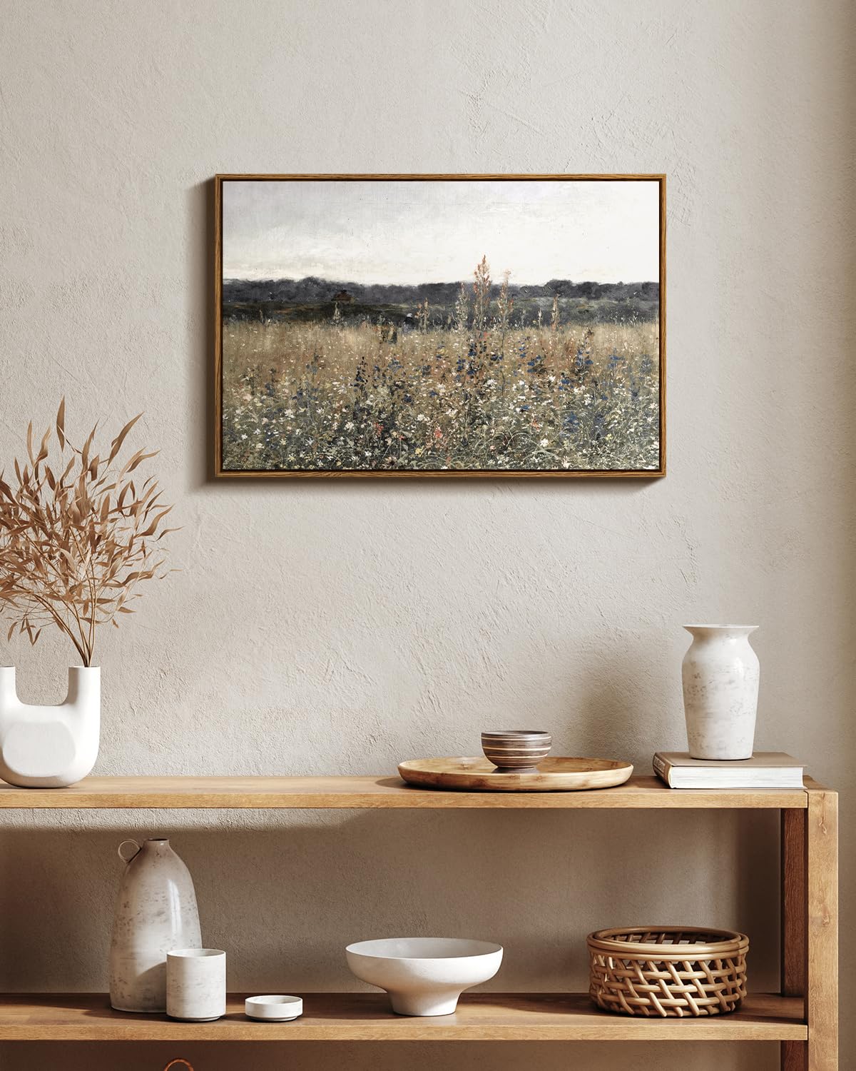 Insimsea Framed Canvas Wall Art Vintage Decor, Large Wall Art, Meadow With Flowers Landscape Wall Art Prints Decor, Modern Farmh