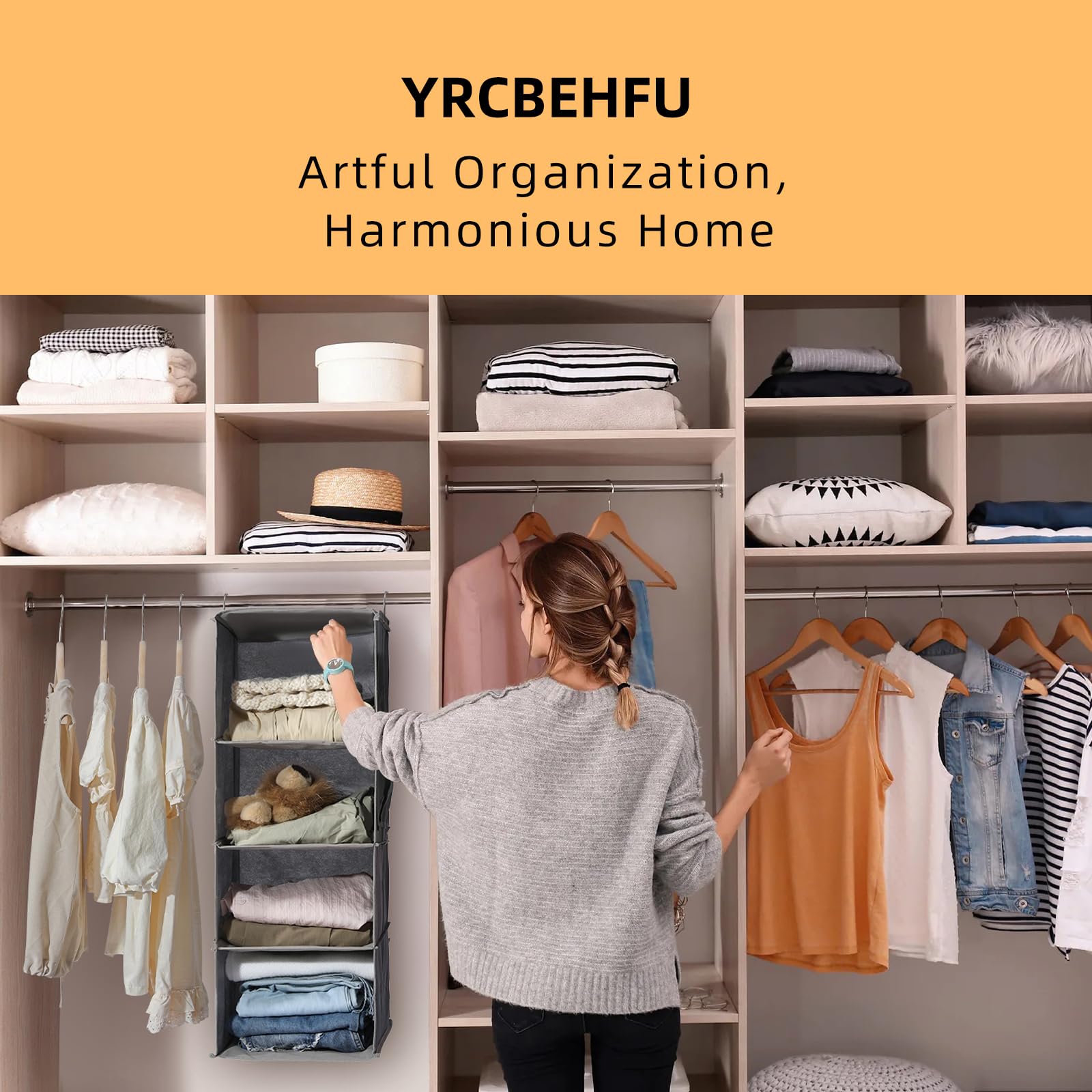 Yrcbehfu 2 Packs Hanging Closet Organizer, 6-Shelf Closet Organizers And Storage With Side Pockets, Collapsible Hanging Shelves
