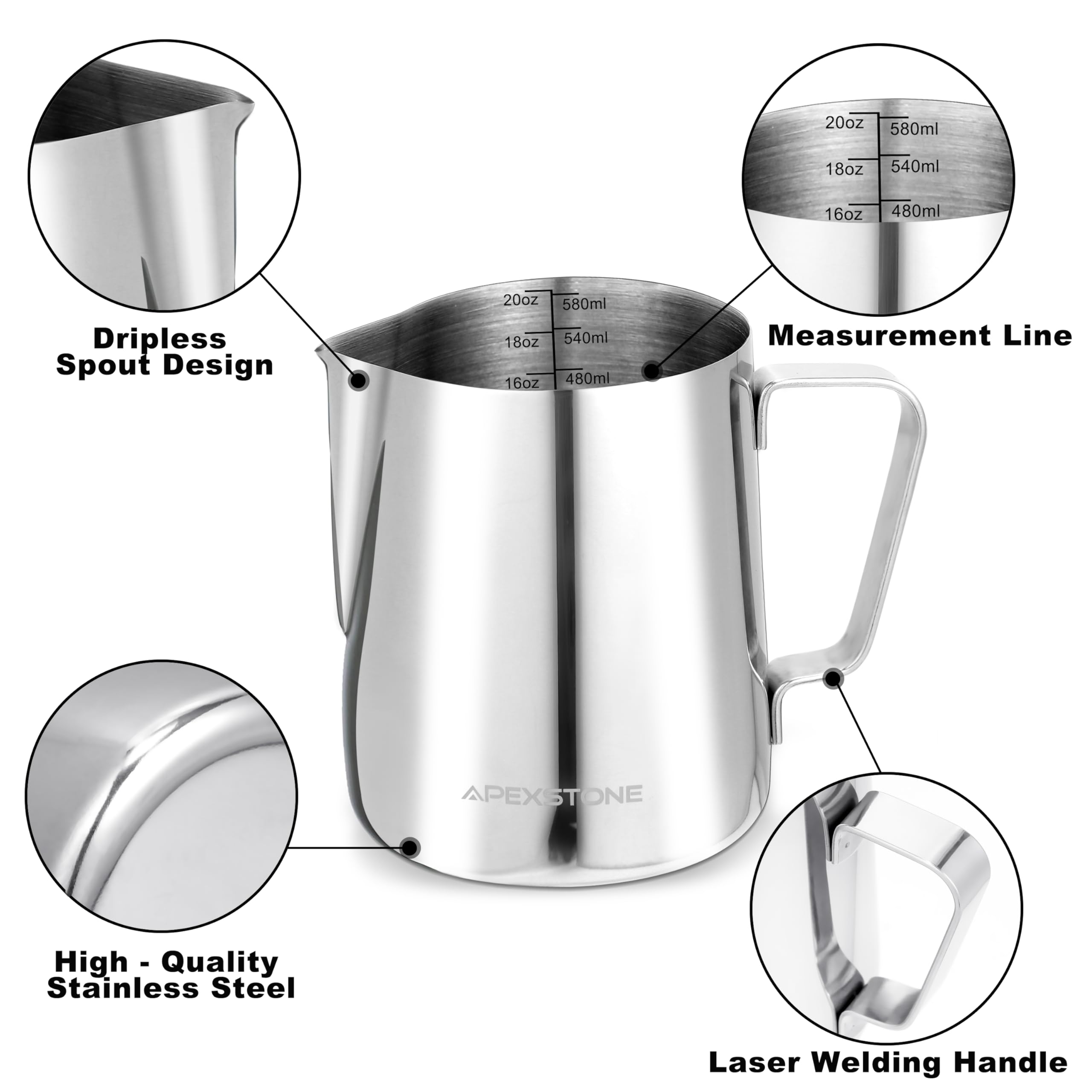 Apexstone Espresso Milk Frothing Pitcher 20 oz  Espresso Steaming Pitcher 20 oz  Coffee Milk Frothing Cup  Coffee Steaming Pitcher 20 oz/600 ml