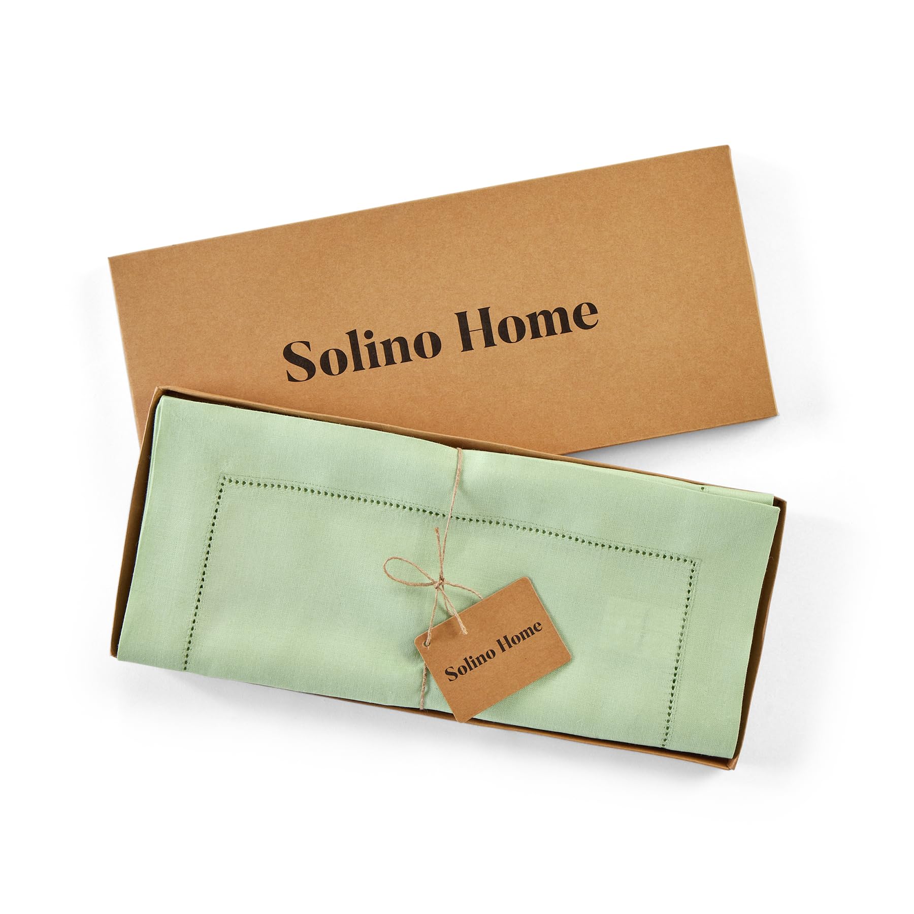 Solino Home Linen Light Green Table Runner 120 Inches Long - 100% Pure Linen Classic Hemstitch Dining Table Runner 14 X 120 Inch