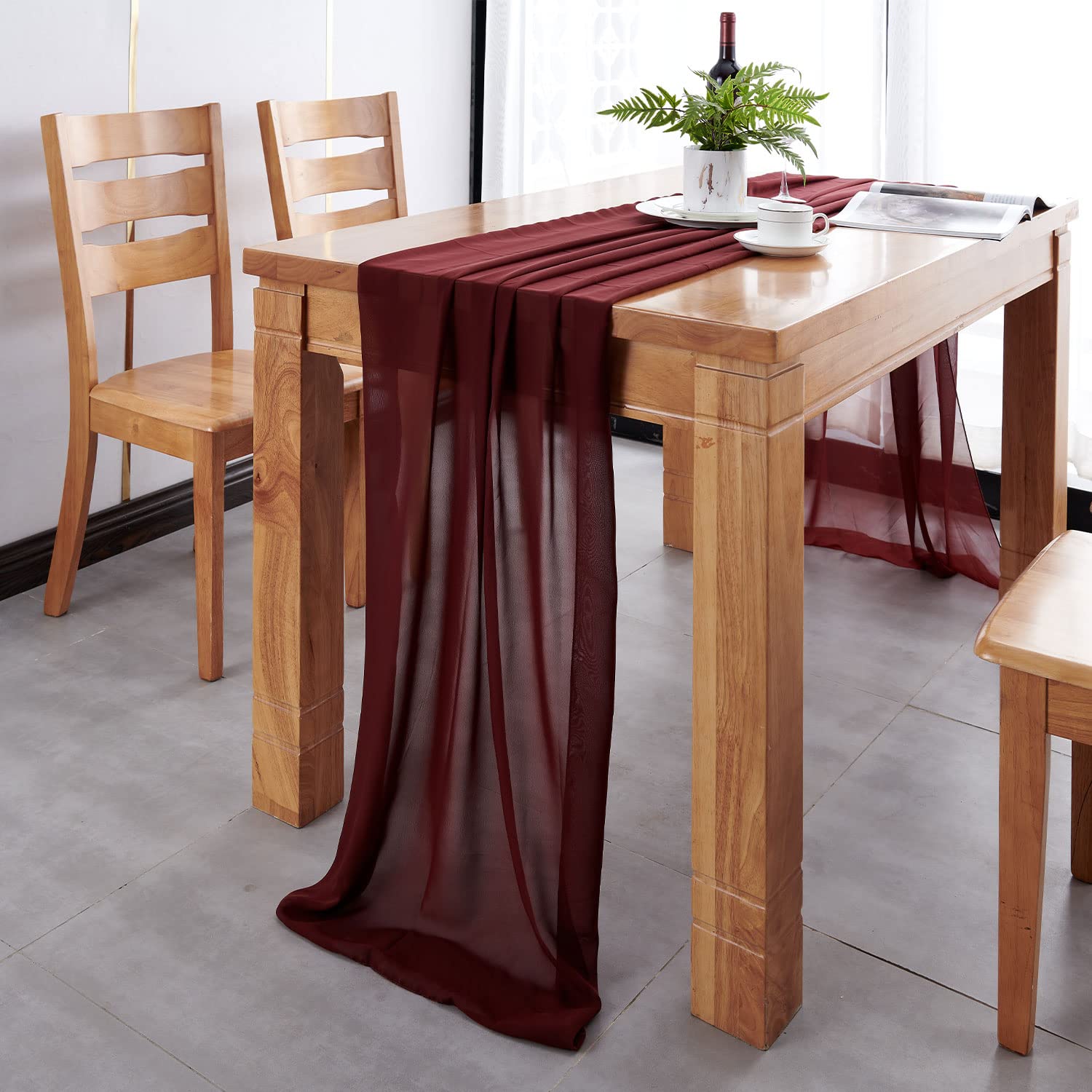 Delovo 4Packs Burgundy Chiffon Table Runner 27X120 Inches Long Sheer Fabric Table Runner For Wedding Party Banquets Bridal Home