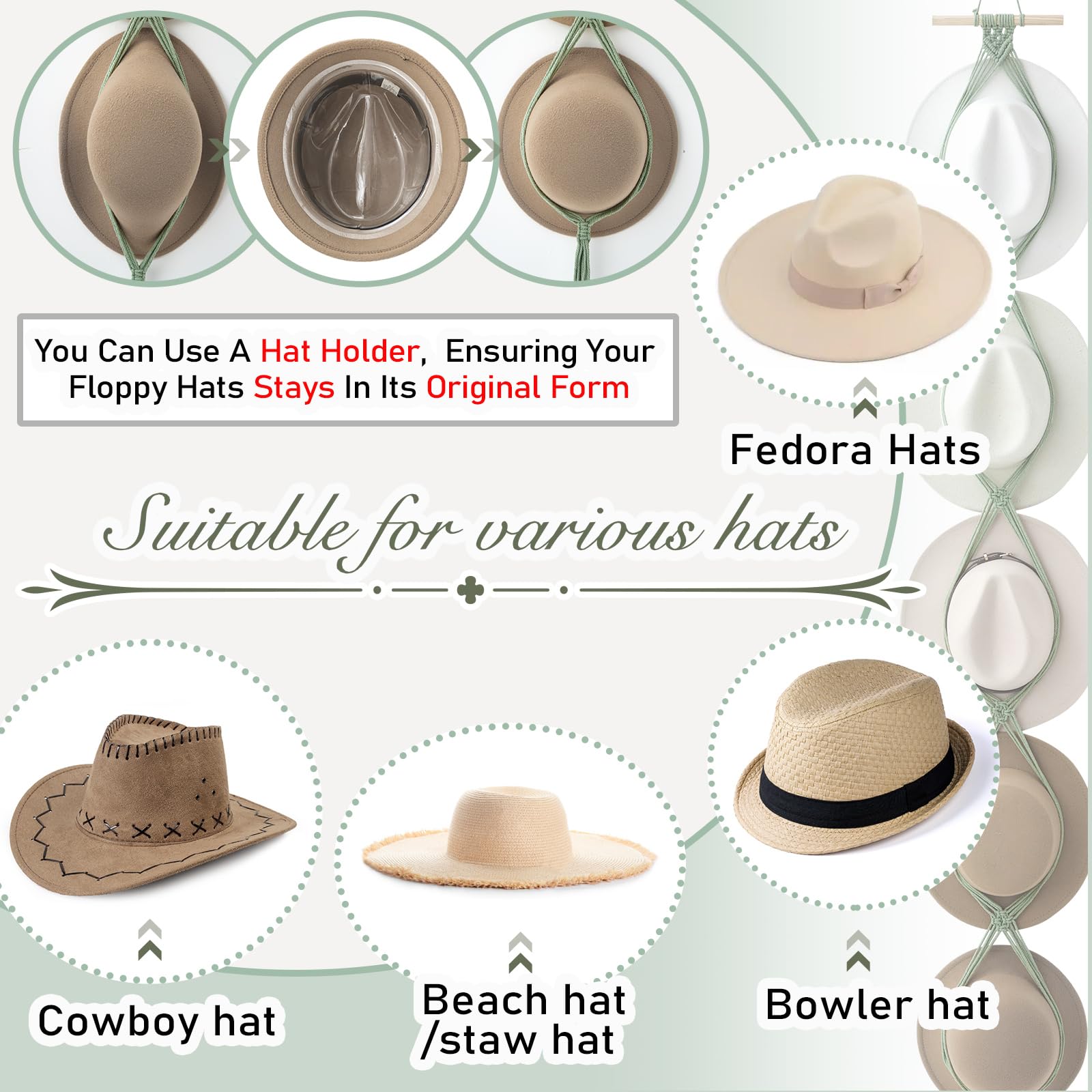 Yulejo Macrame Hat Hangers Boho Hat Rack Cowboy Hat Hanger Back Of Door Hat Organizer (Sage Green,Five Hats Style)