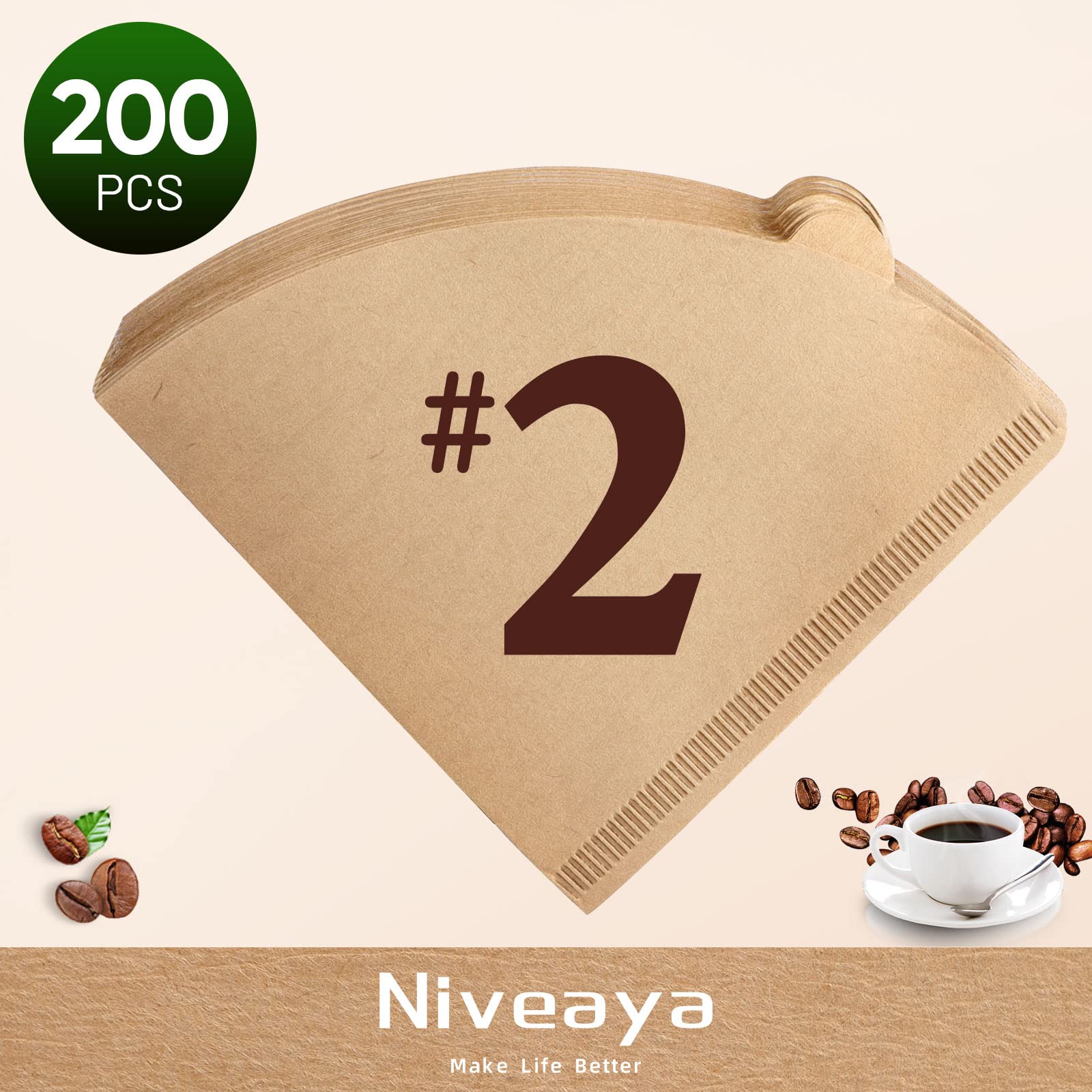 Niveaya 200 Count Coffee Filters - Size 02, Natural Paper Coffee Filter, No Blowout, Disposable For Pour Over And Drip Coffee Ma