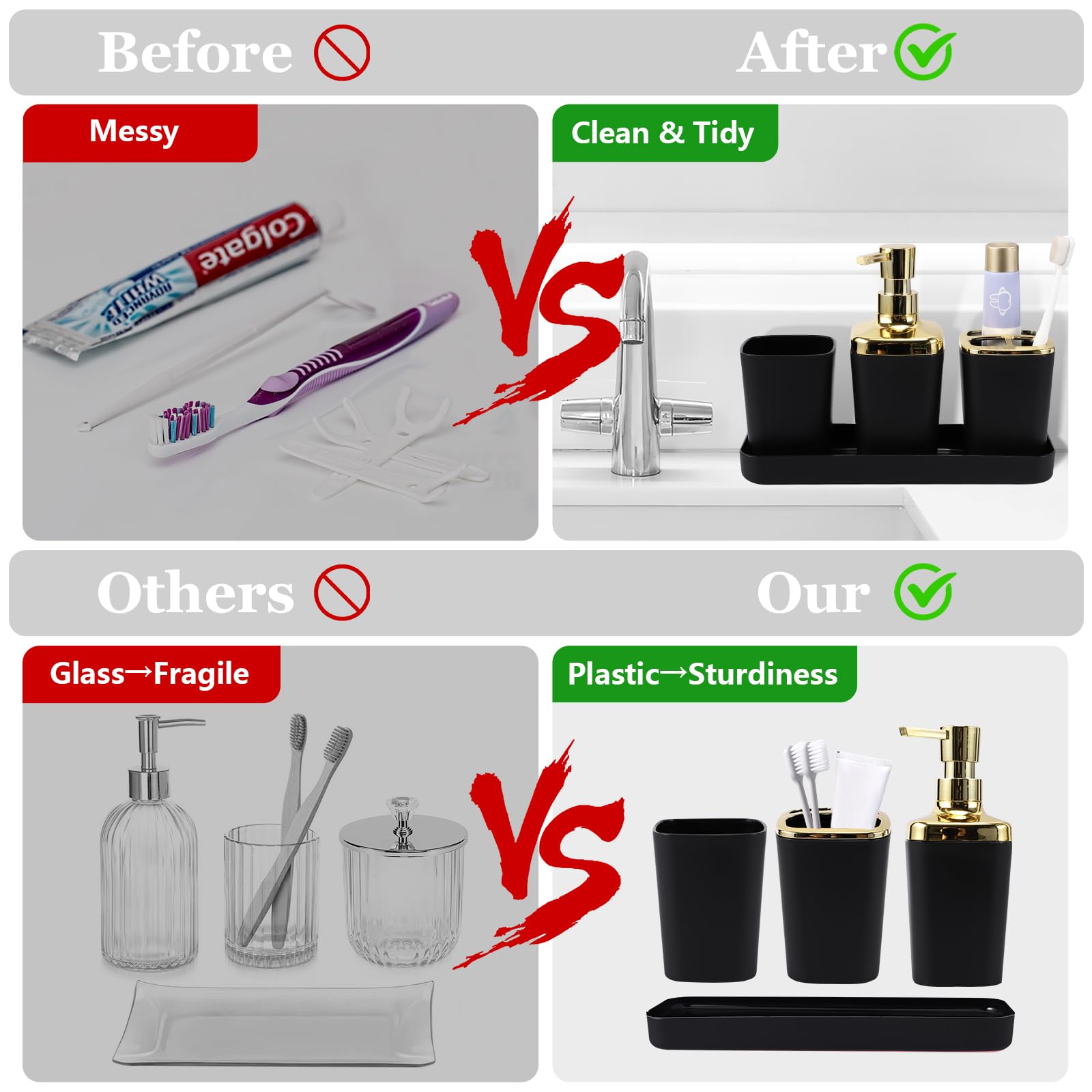 Black Bathroom Accessories Set, 9-Piece Black And Gold Bathroom Accessory Sets Complete With Trash Can, Tray, Soap Dispenser, So