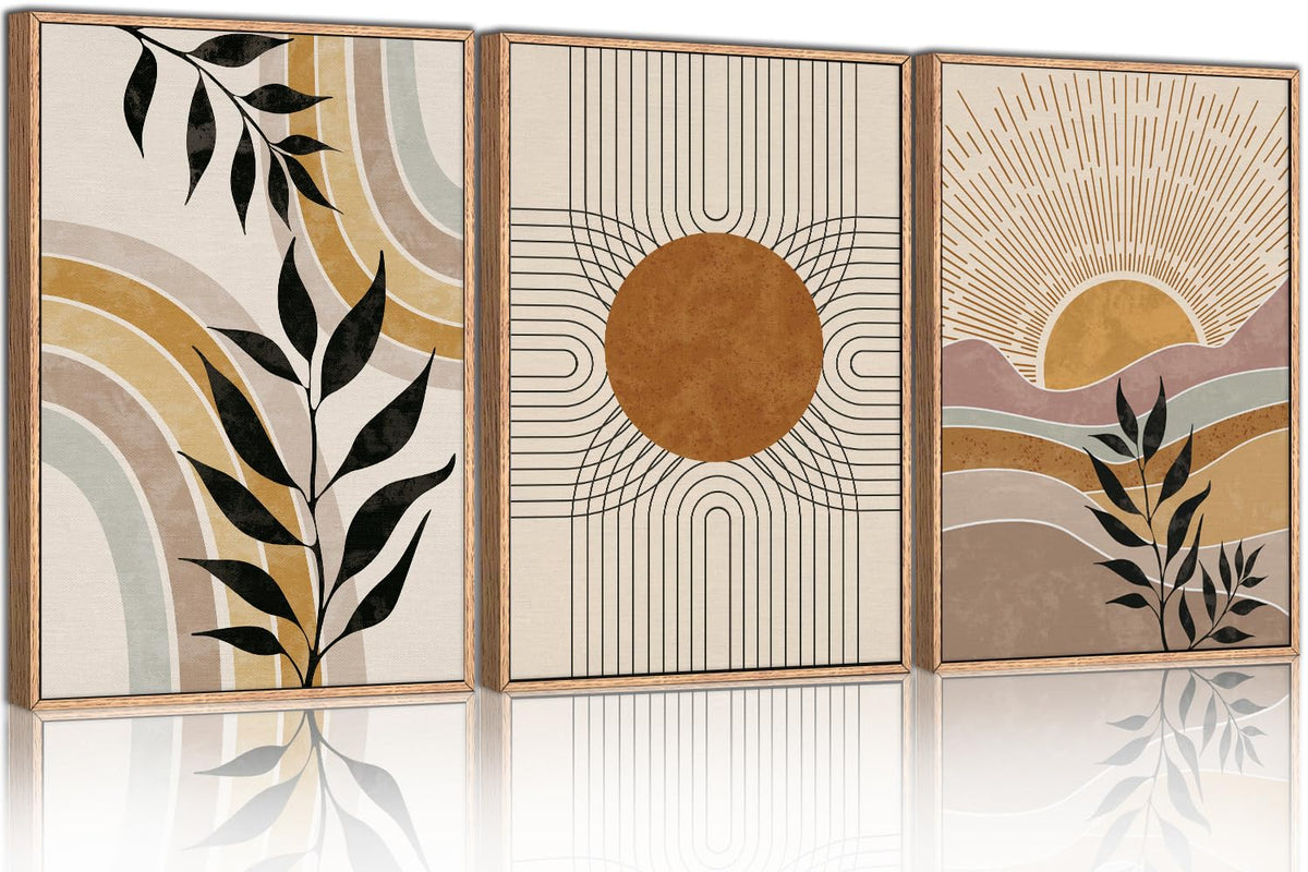 Hpinub Boho Framed Canvas Wall Art Prints, Set Of 3 Mid Century Modern Wall Decor, Nature Plants Desert Sun Art Paintings, Bohem