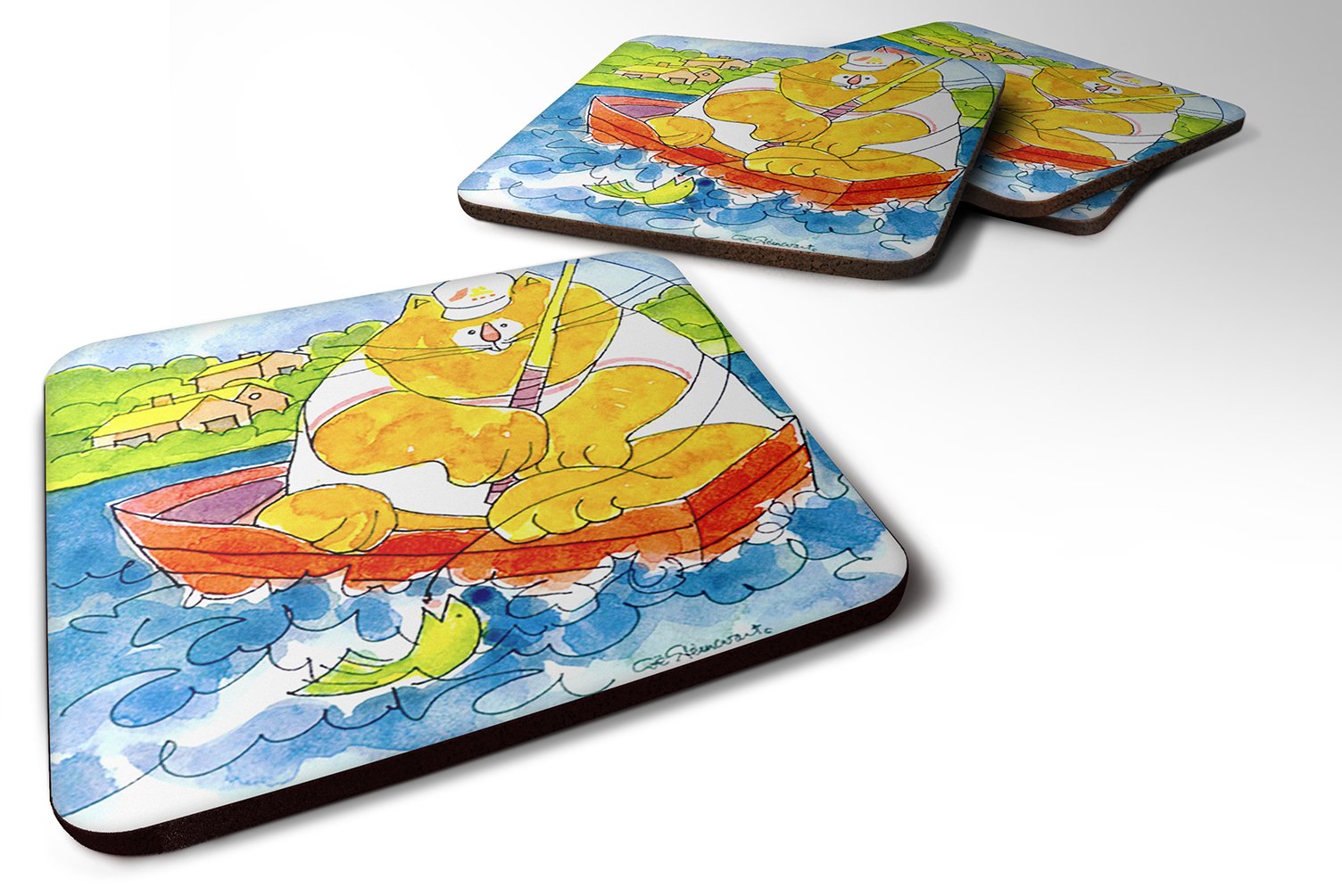 Carolines Treasures Big Orange Cat Fishing Foam Coasters (Set of 4), 3.5 H x 3.5 W, Multicolor