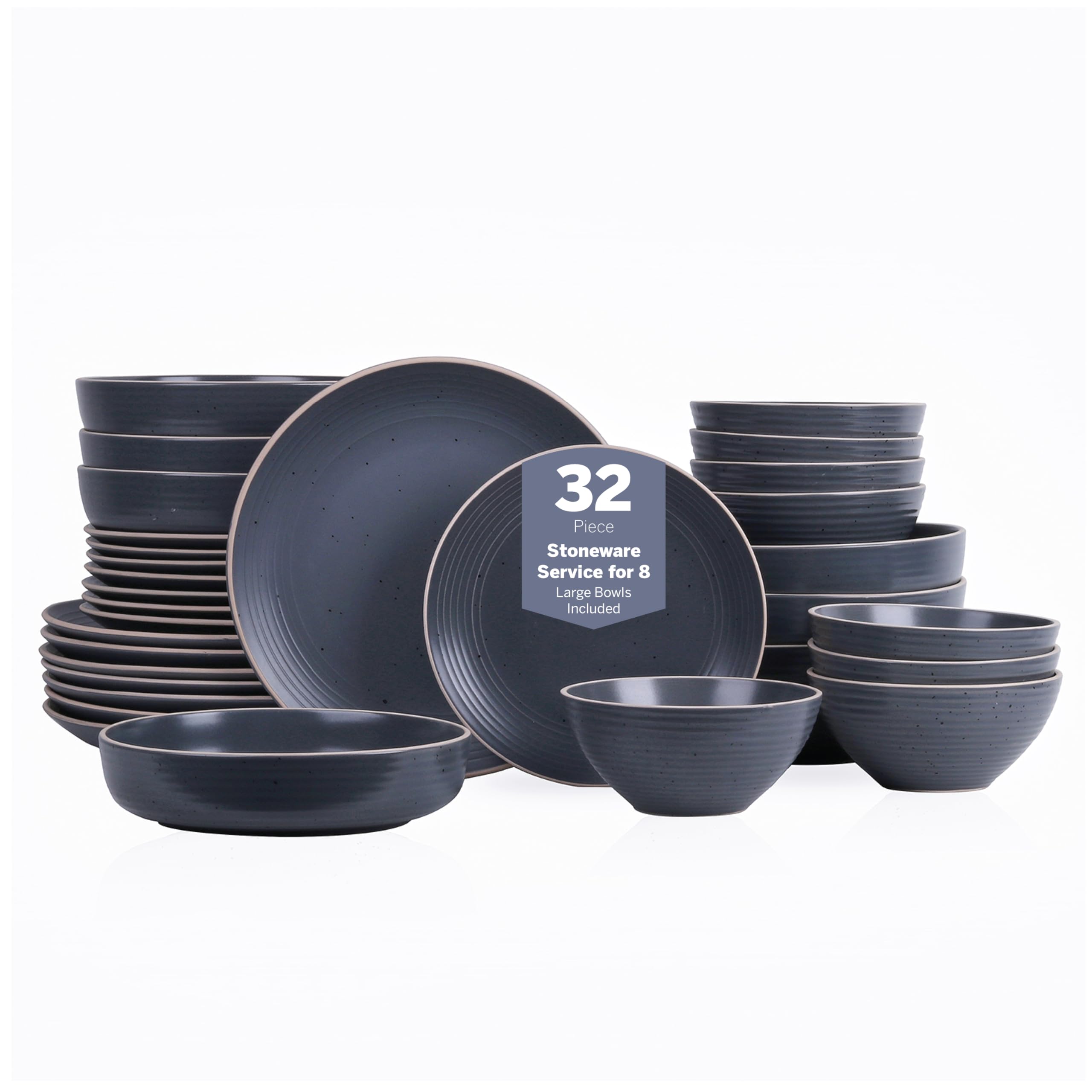 Stone Lain Lauren Stoneware, Rustic Plates and Bowls Set, Dinnerware, Service for 8, Speckled Charcoal, Dishwasher & Microwave S