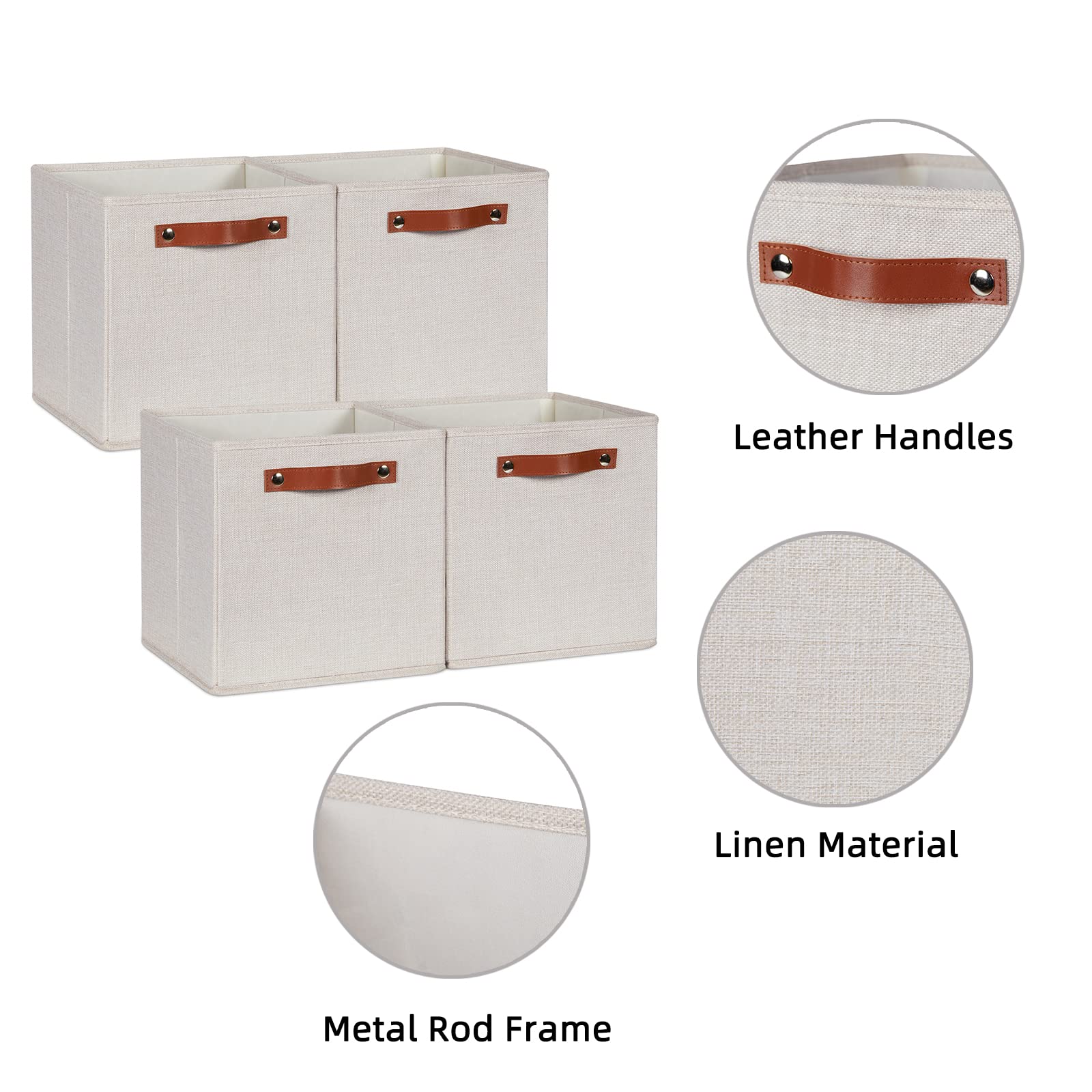 HNZIGE Foldable Storage Cubes Bins for Organizing  Set of 4  Fabric Cube Canvas Storage Bins 11 x11  Collapsible Bins for Organization with Handles for Shelf Nursery(Beige)