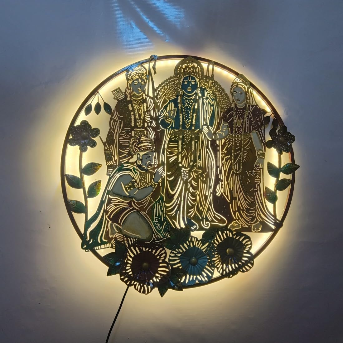 HANSART Metal Wall Art with LED, Depicting Shri Ram, Laxman, Sita and Hanuman (29 x 29 Inches)