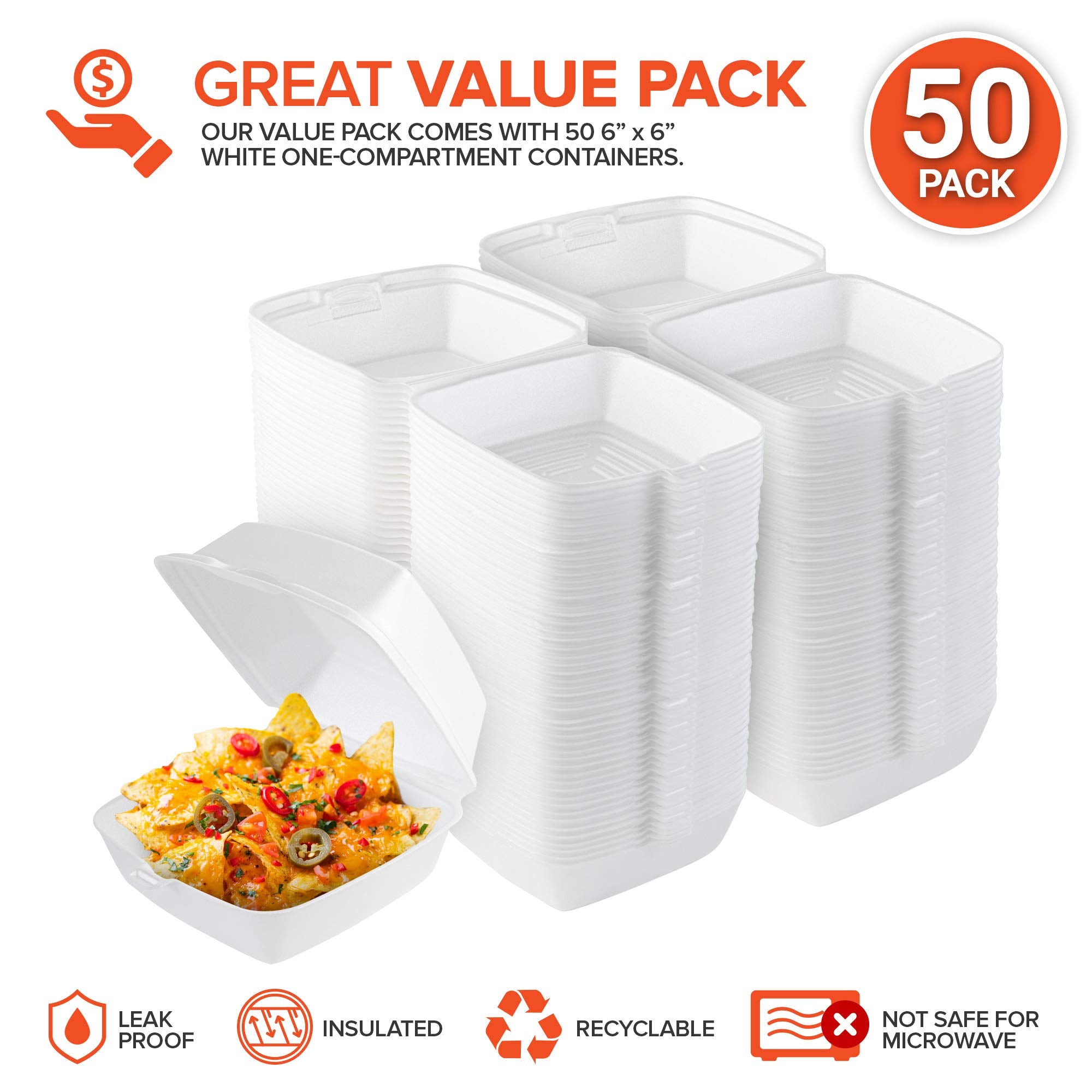 Stock Your Home 6X6 Clamshell Take Out Boxes (50 Pack) Small 1-Compartment Foam Food Containers Disposable Lunch Container, Rest
