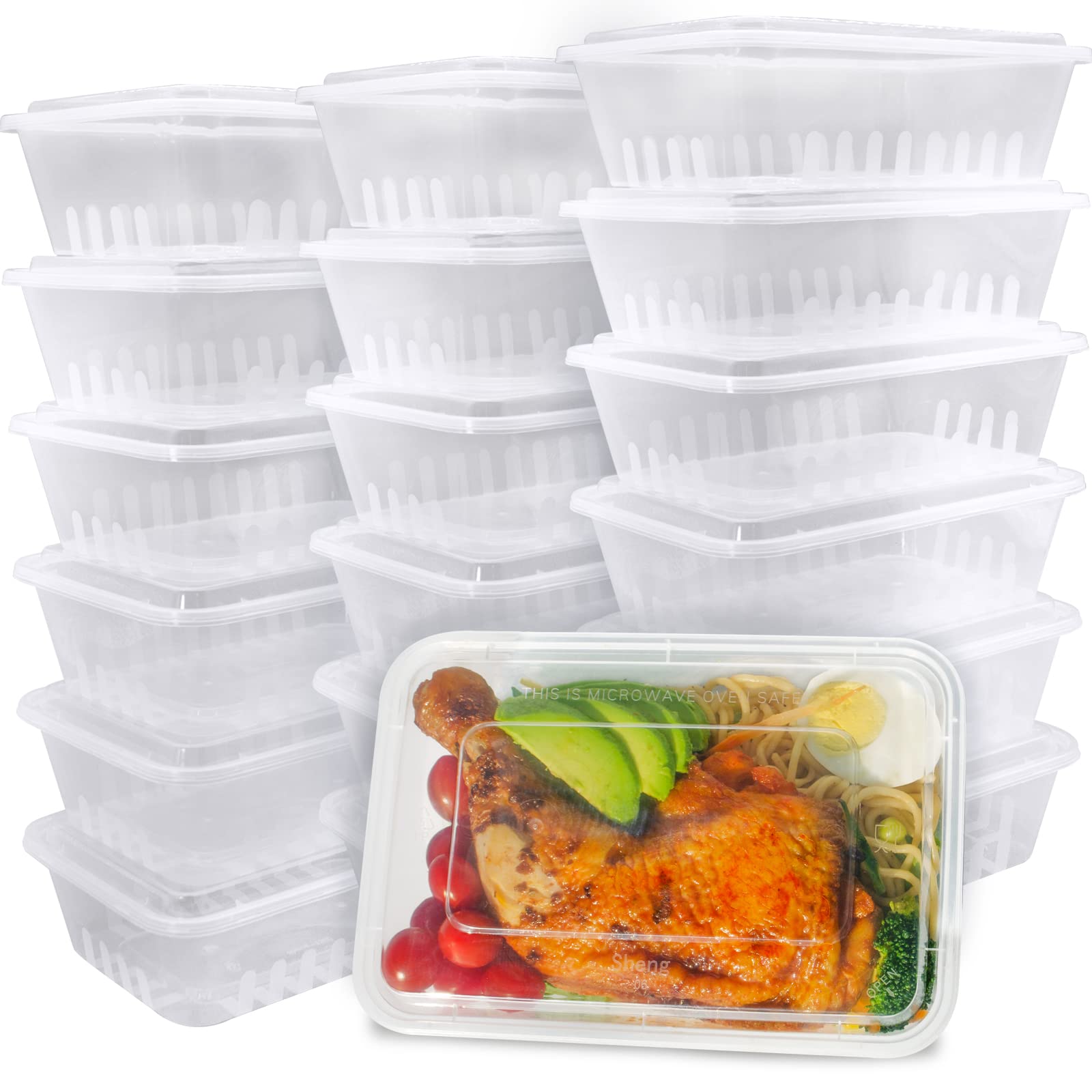 ganfaner 49oz Disposable Meal Prep Container Large For Food,50PK Plastic Storage Containers w/Lids Freeze Microwave Safe, Clear 