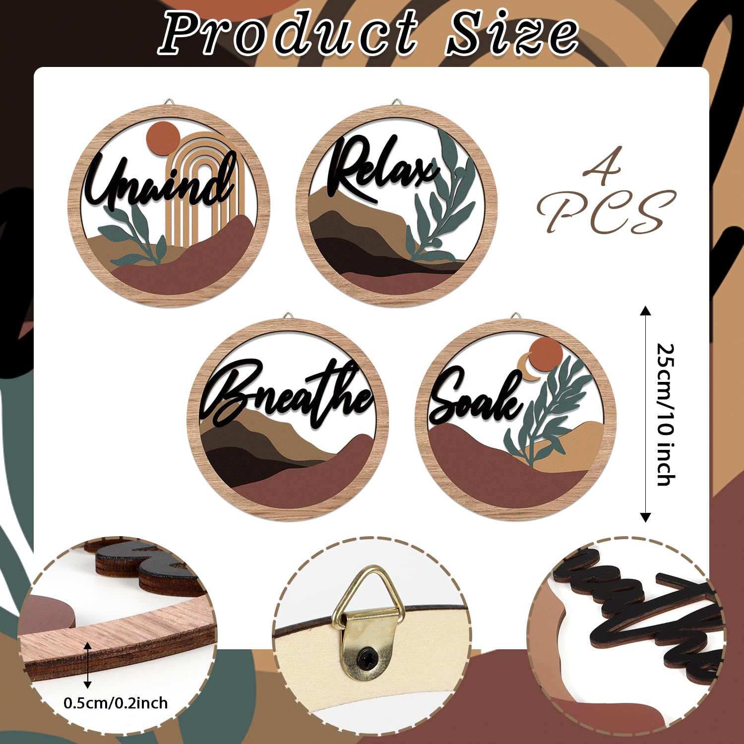 HPNIUB 4 Pcs Boho Bathroom Wall Decor with Relax Soak Unwind Breathe Relaxing Quotes Bohemian Wooden Hanging Wood Sign, Farmhous