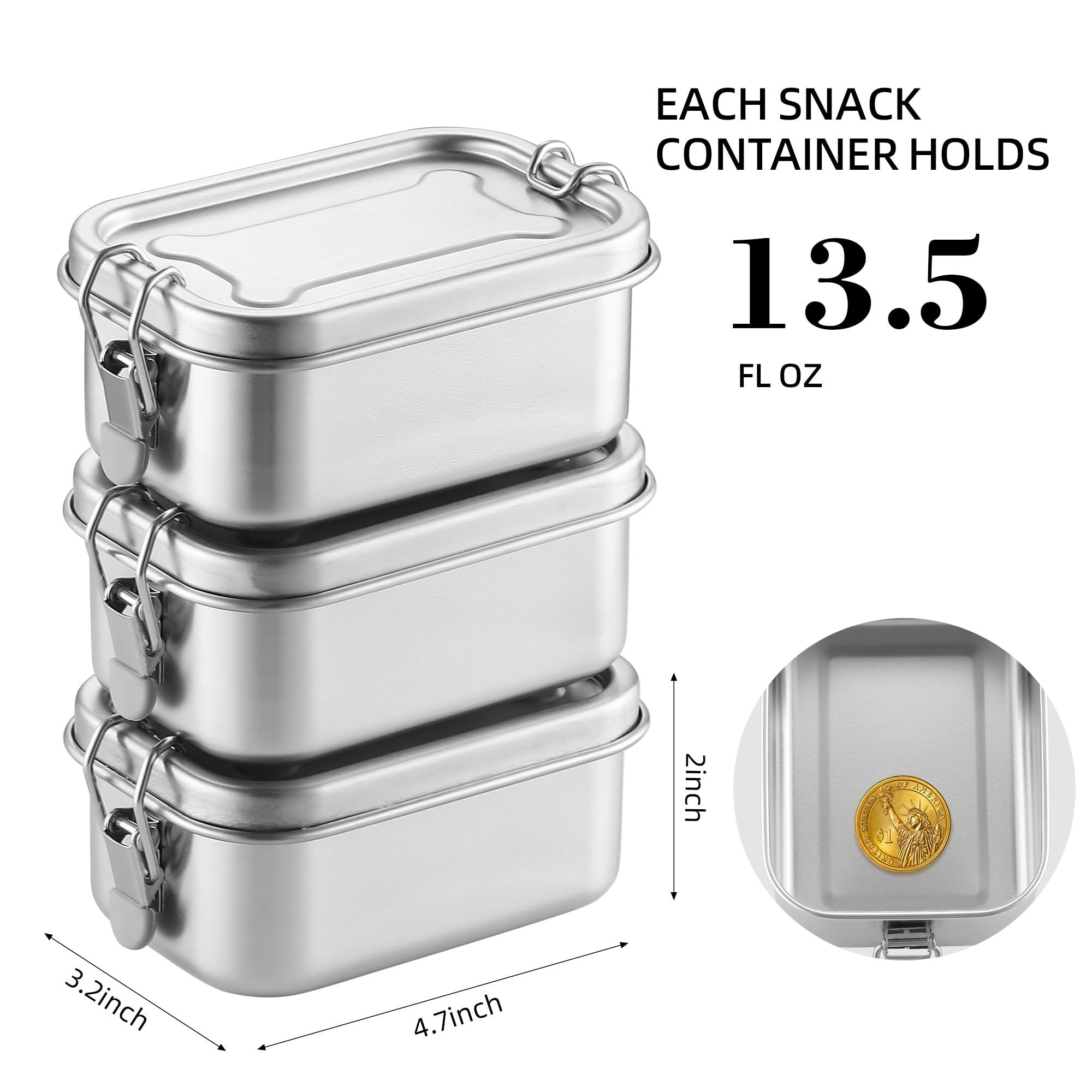 Befoy Small Stainless Steel Food Containers With Lids 13.4Oz Set Of 3 Snack Box Metal Lunch Containers, 304 Condiments Bento Box