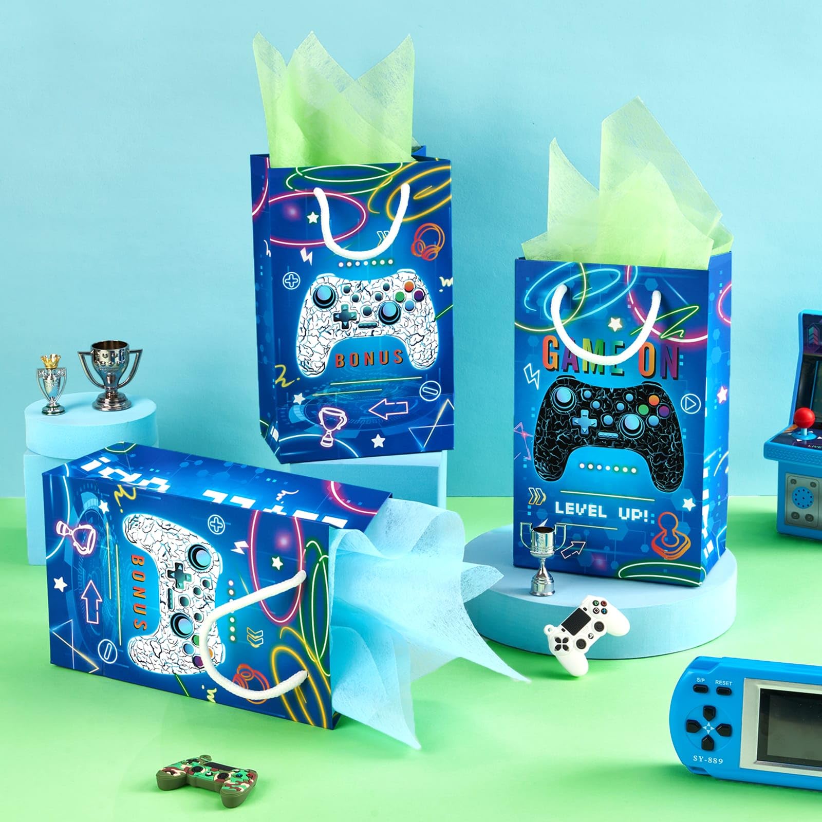 Wernnsai Video Game Party Favor Bags - 16 Pcs Gamer Birthday Party Supplies Gift Bags With Handles For Boys Kids Goodie Bags For