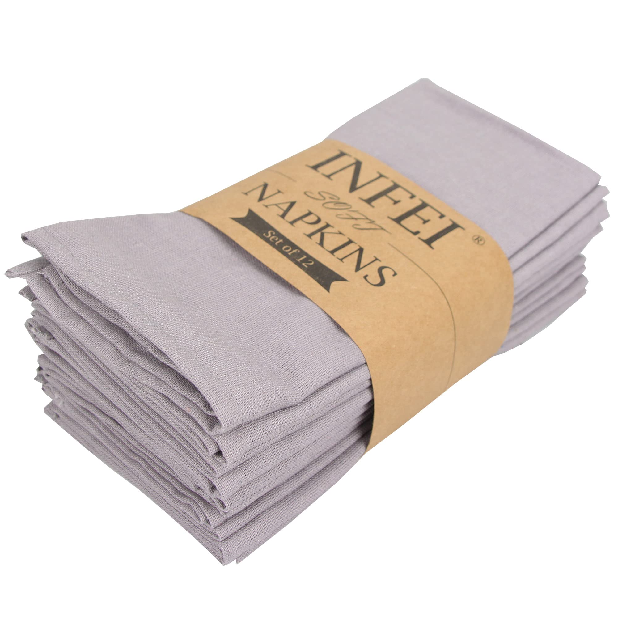 Infei Solid Color Cotton Linen Blended Thin Dinner Cloth Napkins - Set Of 12 (40 X 40 Cm) - For Events & Home Use (Light Grey)