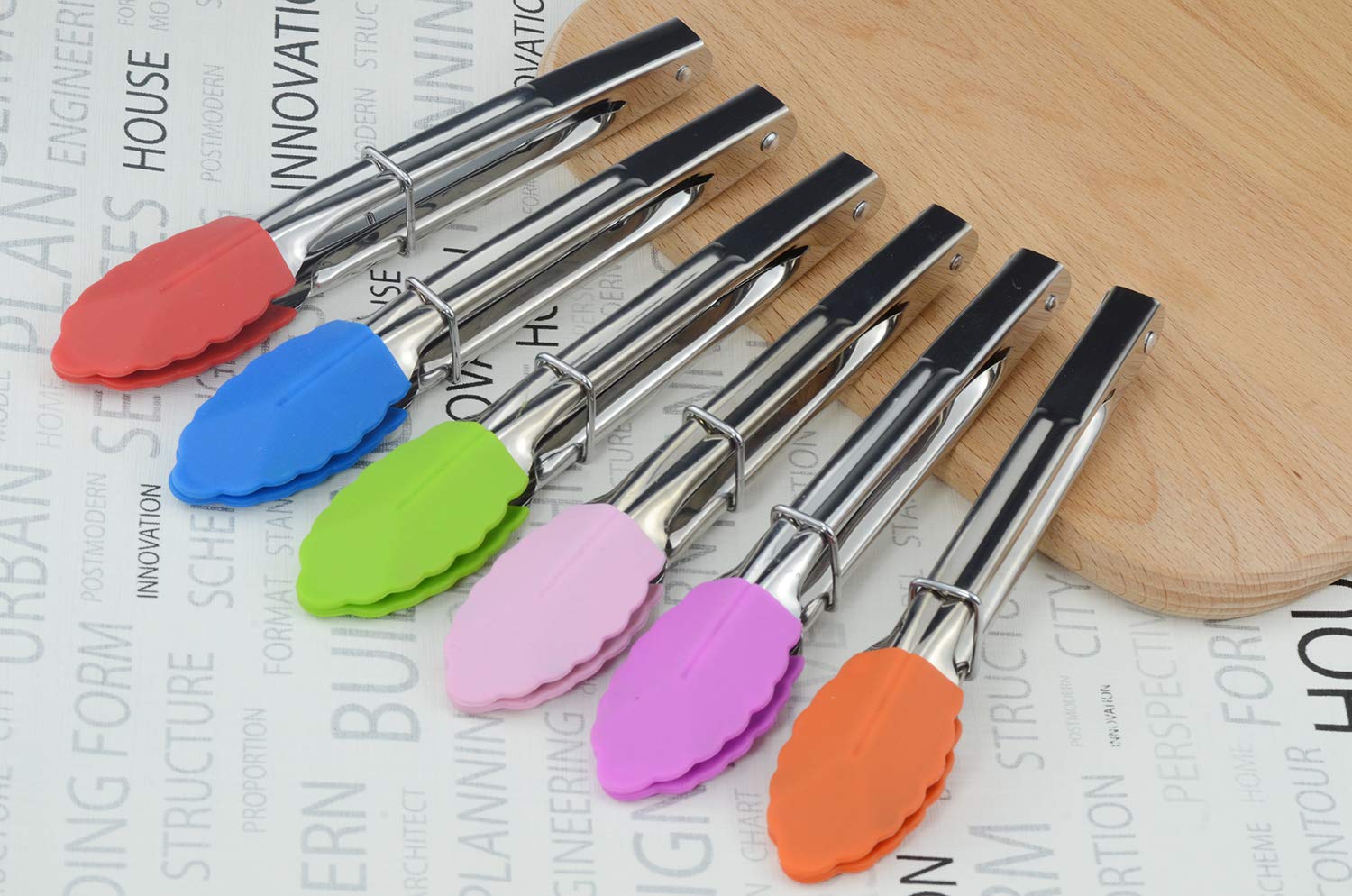 Hinmay Colorful Mini Tongs Set 7-Inch Silicone Tongs With Sliding Rings, Set Of 6 (Green Red Blue Purple Pink Orange)