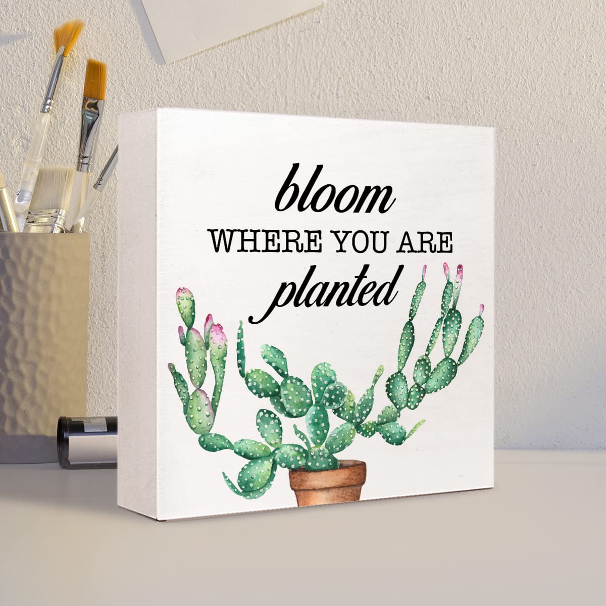 Bloom Where You are Planted Wooden Sign Desk Decor,Farmhouse Cactus Wood Block Sign Desk Decorations for Home Kitchen Room Garde