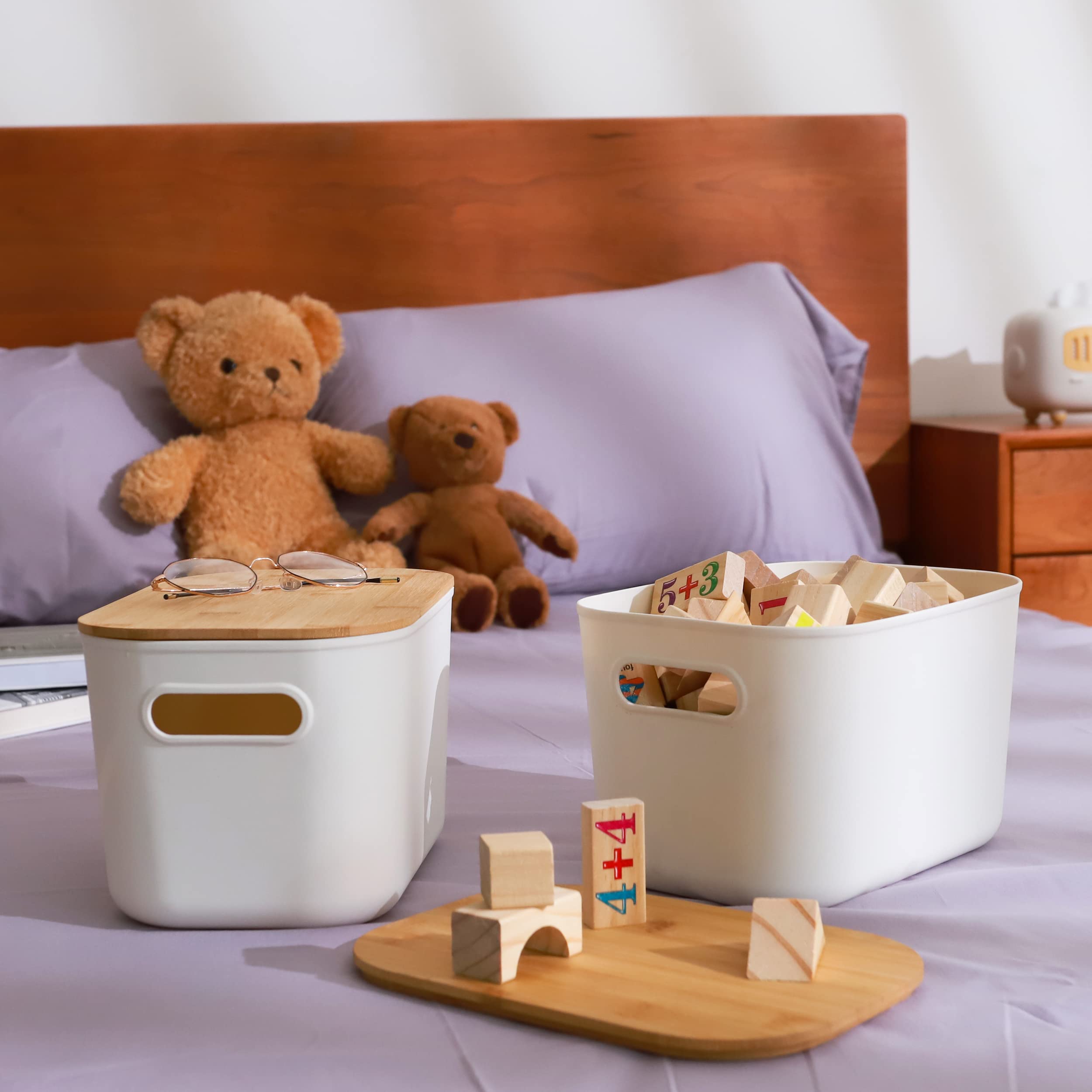 Citylife 4 Pcs Storage Bins With Bamboo Lids Plastic Storage Containers For Organizing Stackable Storage Box With Handle, 10.12