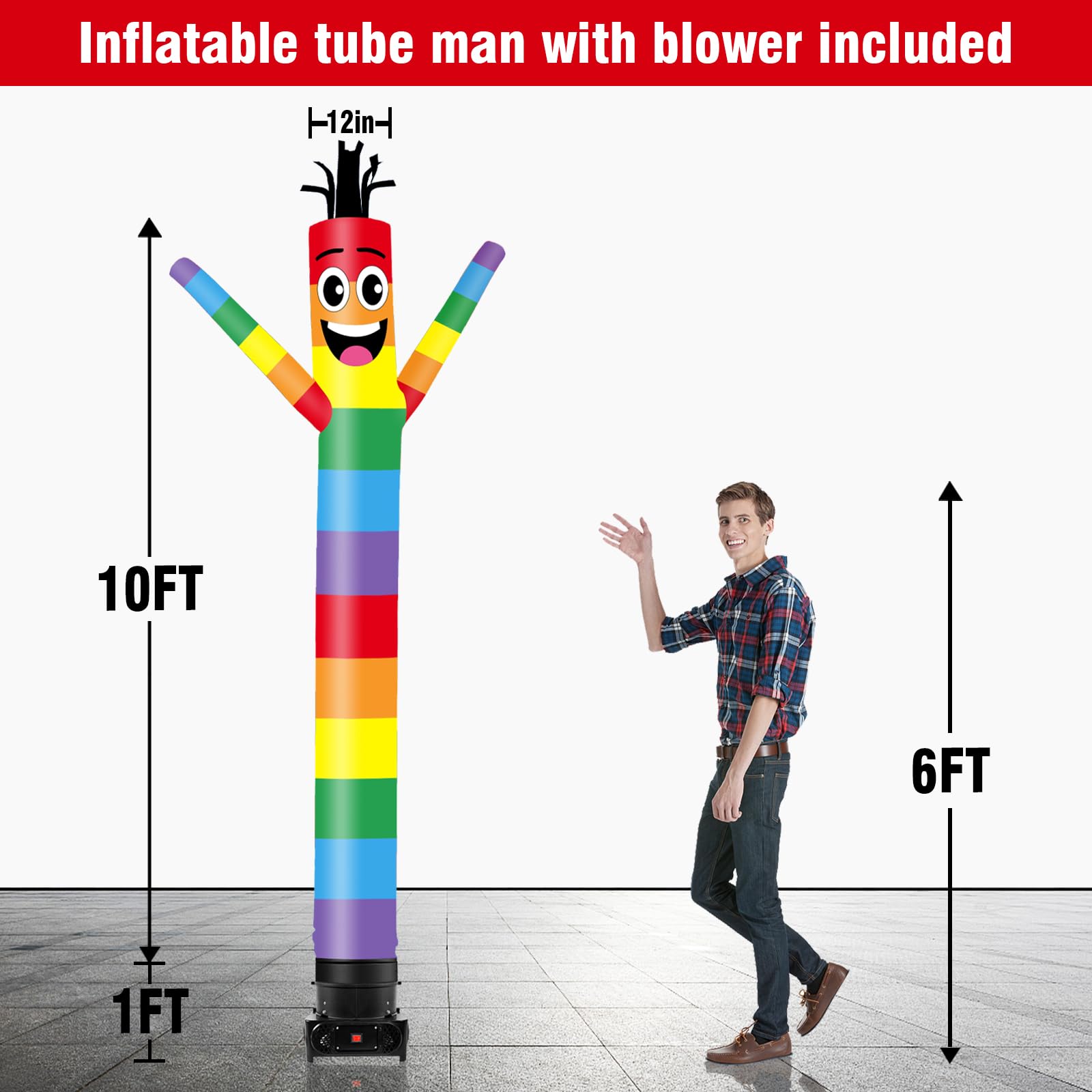 GOODENY 10FT Tall Inflatable Tube Man Rainbow Wacky Wavy Dancing Guy with 3/4 HP Weather-Resistant Blower (12  Diameter) for Out
