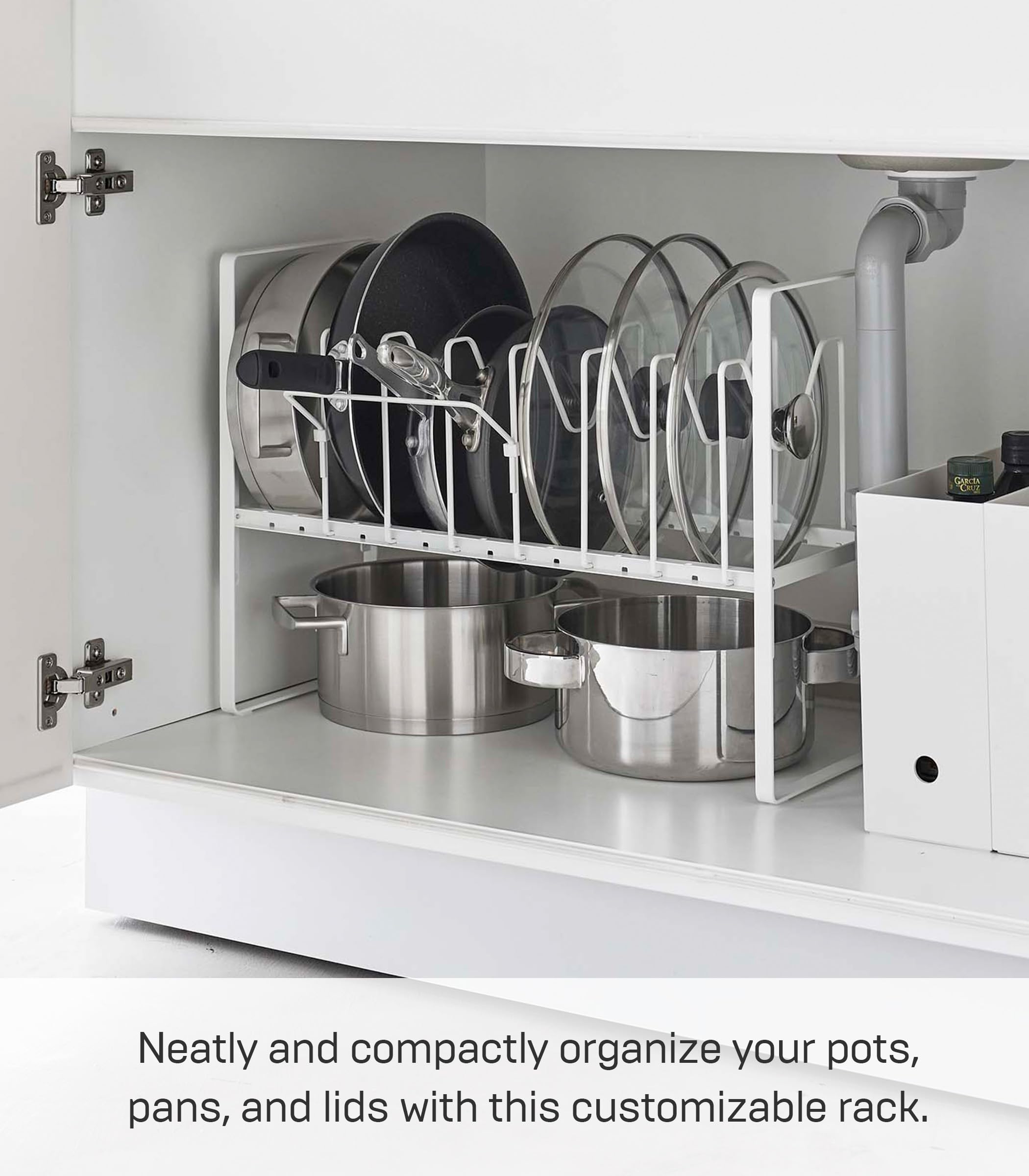 Yamazaki Home Tower Height Adjustable Under Sink Pot Lids And Frying Pan Storage Kitchen Drawer Organizer Rack - Steel