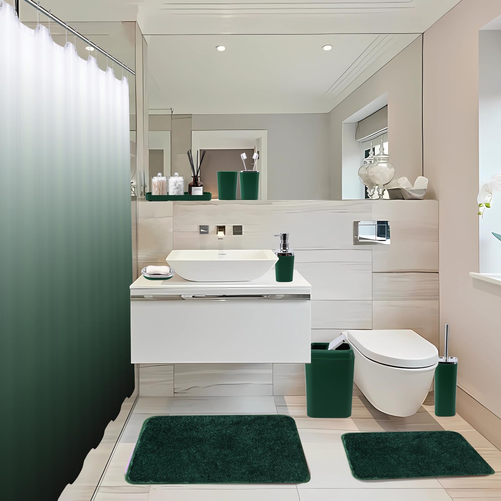 Xlhomo Dark Green Bathroom Accessories Set With Shower Curtain And No-Slip Bath Rugs,24Pc Bath Sets With Trash Can, Toothbrush H