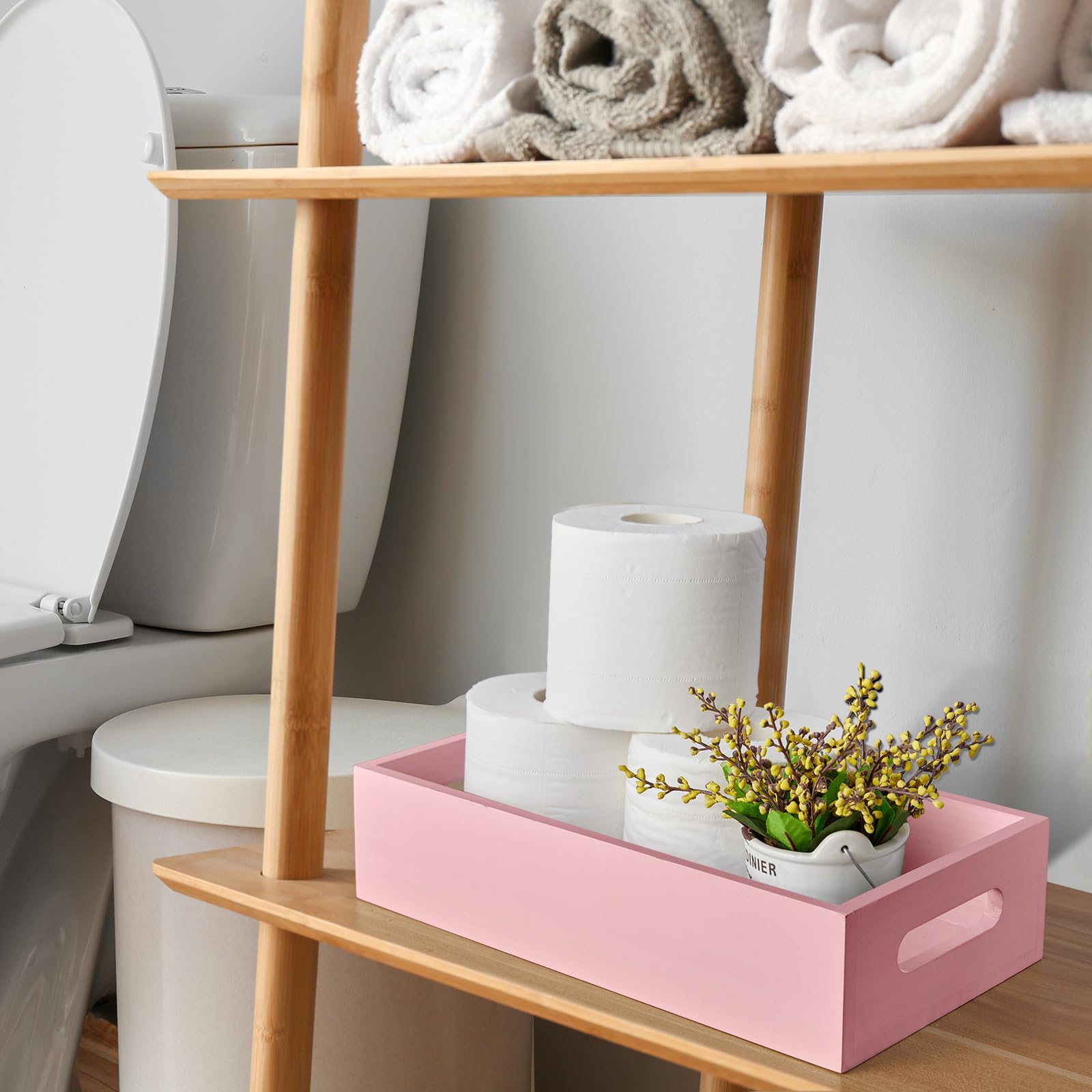 Alelion Pink Bathroom Basket For Organizing - Wooden Toilet Tank Paper Basket With Handle For Back Of Toilet Tank Top Organizer