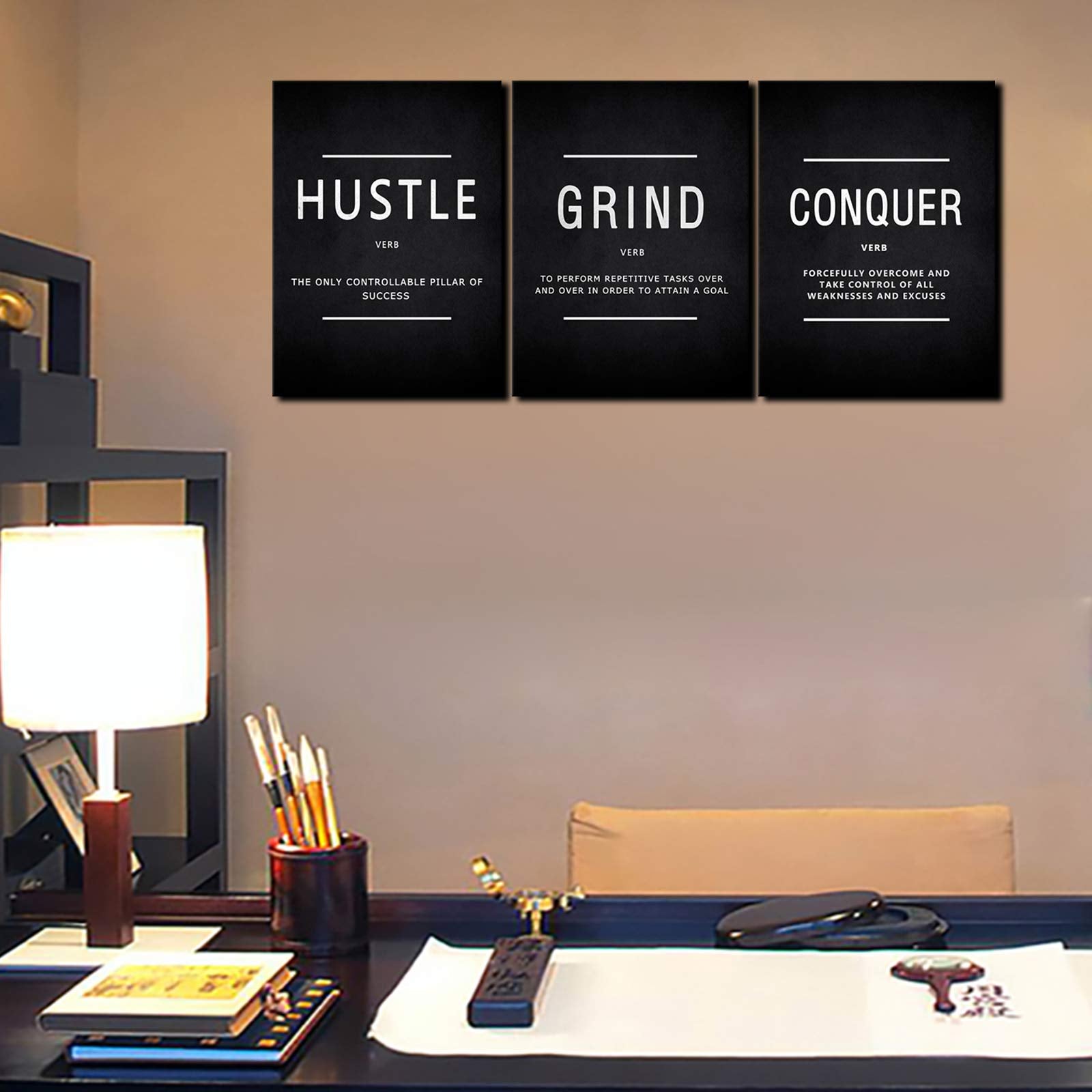 Kawahone Success Quotes Wall Art, Grind Hustle Conquer Motivation Wall Poster Framed Positive Sayings Wall Hanging Inspirational