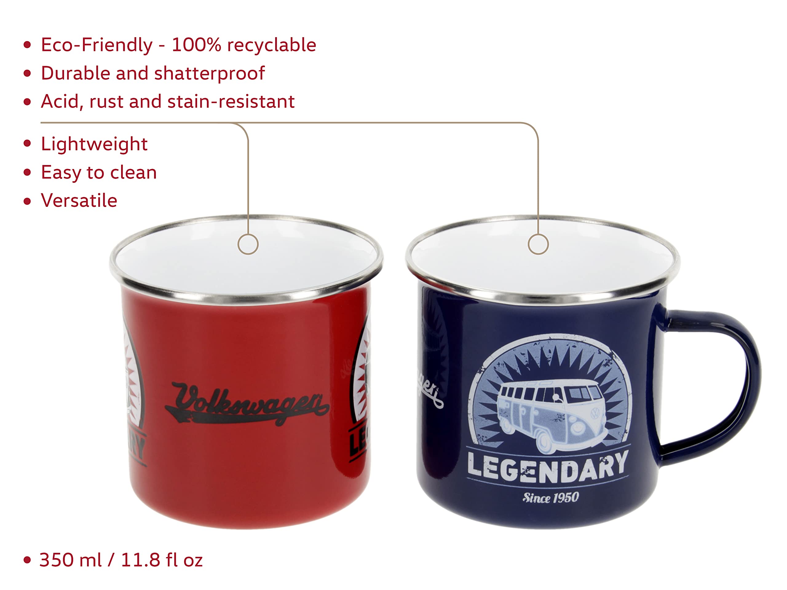 Brisa Vw Collection - Volkswagen 2-Piece Enamel Coffeetea Mug Cup Set For Camping & Outdoor T1 Bus (Legendary/Red&Blue) (11.8 Fl