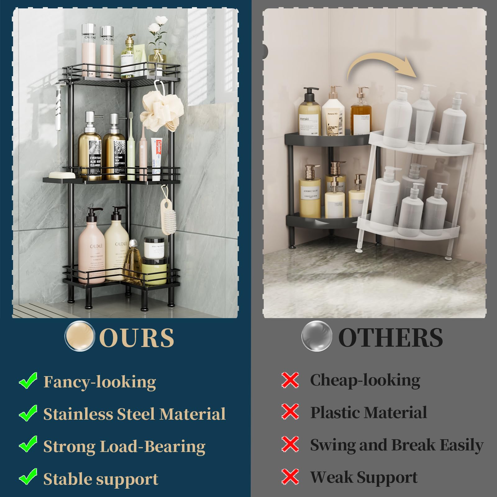 Consumest Corner Shower Caddy Standing - 3-Tier Stainless Steel Shower Organizer Corner With Soap Holder And 4 Hooks, Large Capa