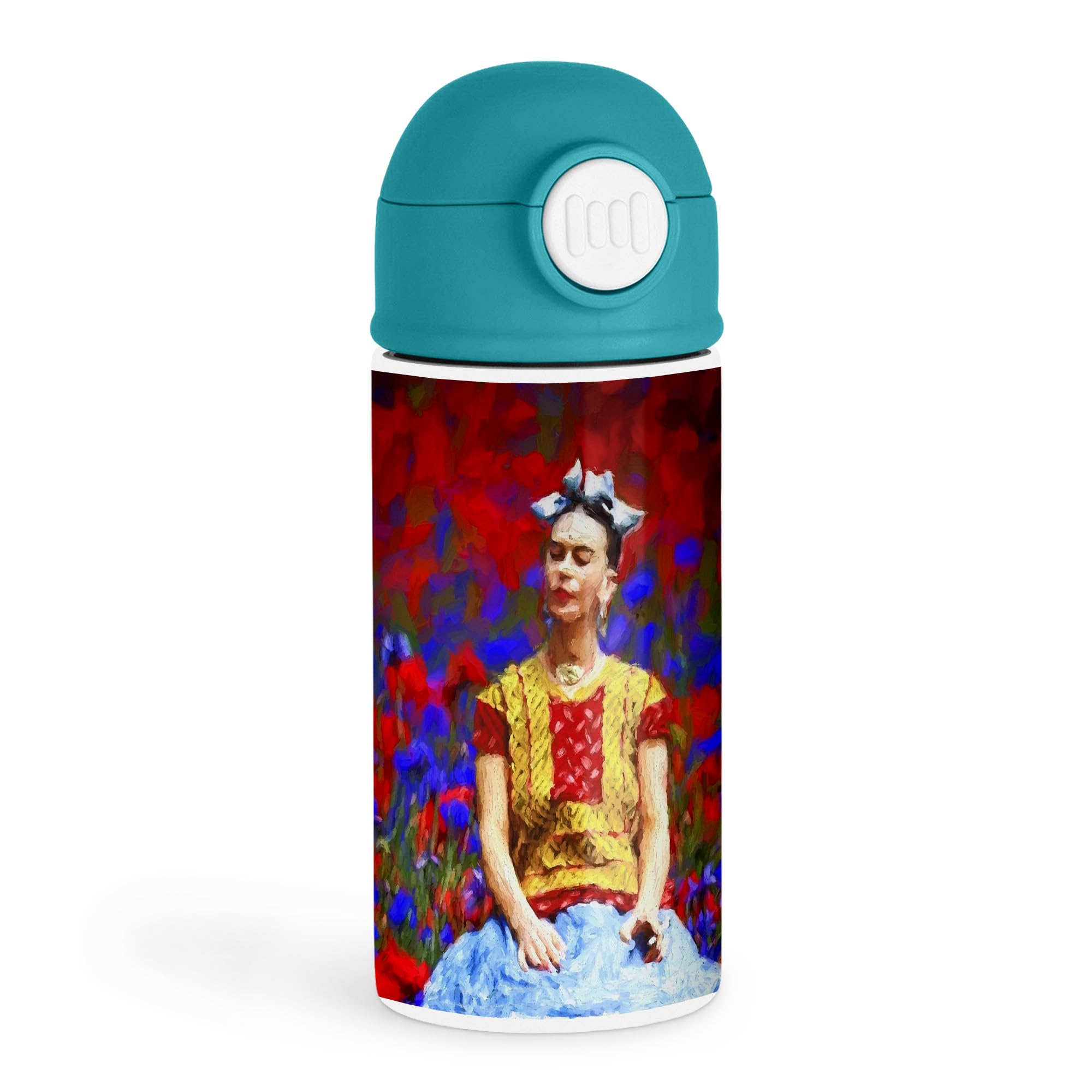 Empowering Art Enthusiast 12oz Kids Green Bottle  Vibrant artwork of a seated Frida Kahlo surrounded by flowers  Art Class, Da