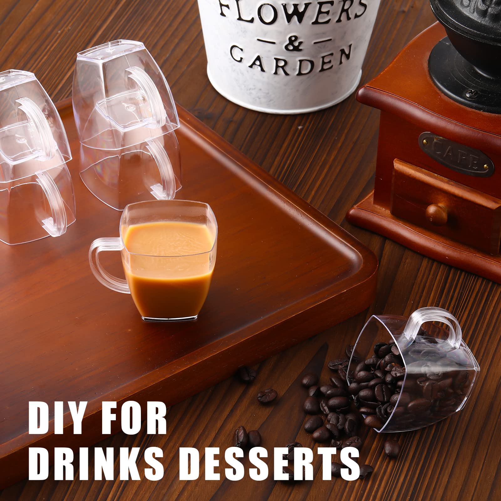 Amyhill 100 Pcs 2 Oz Disposable Tea Cups Mini Plastic Tea Cup Bulk With Handle Hard Plastic Coffee Mug Disposable Square Espress