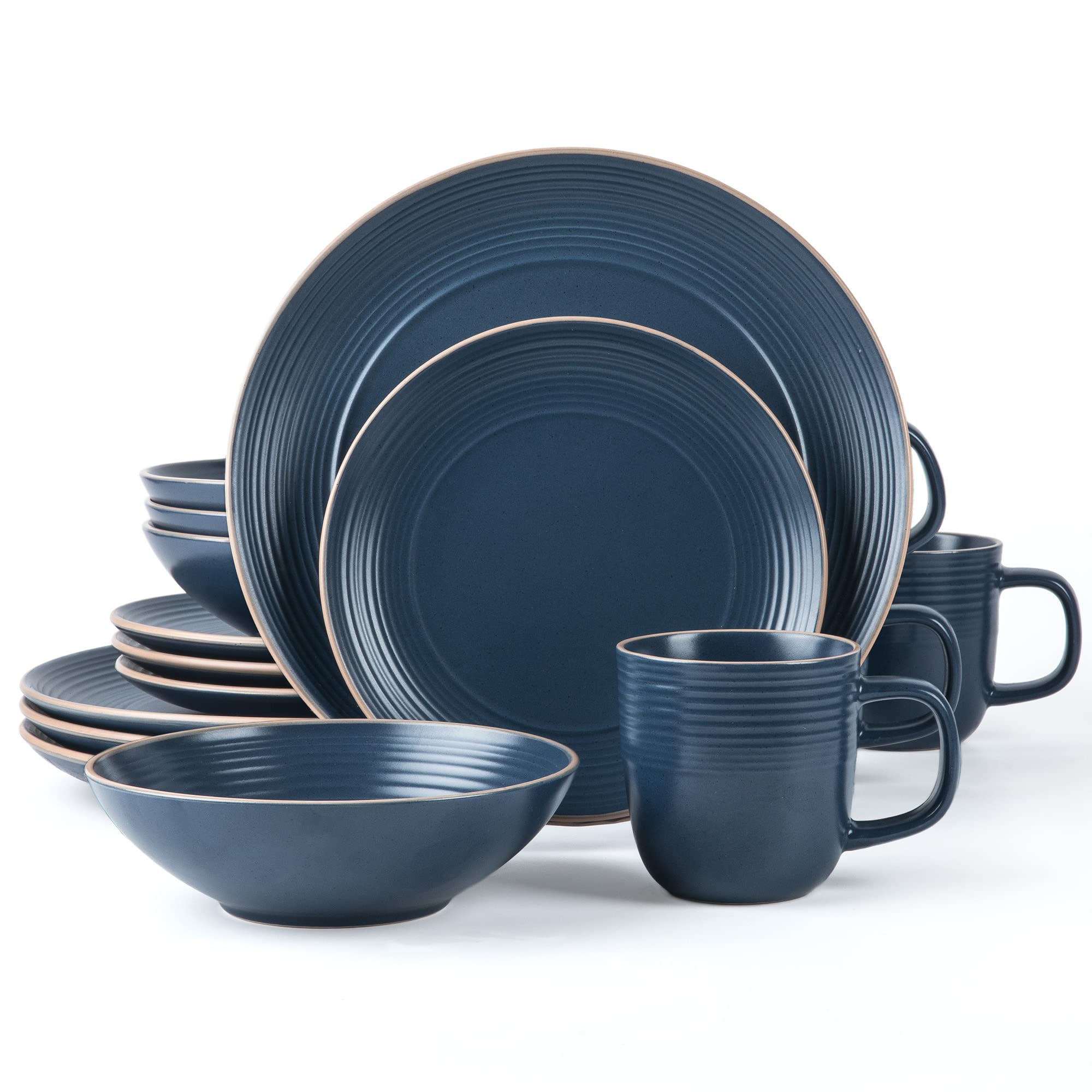 Arora RINGAR Round Stoneware 16pc Dinnerware Set of 4, Dinner Plates, Side Plates, Cereal Bowls, Mugs - Speckle Matte Blue (4280
