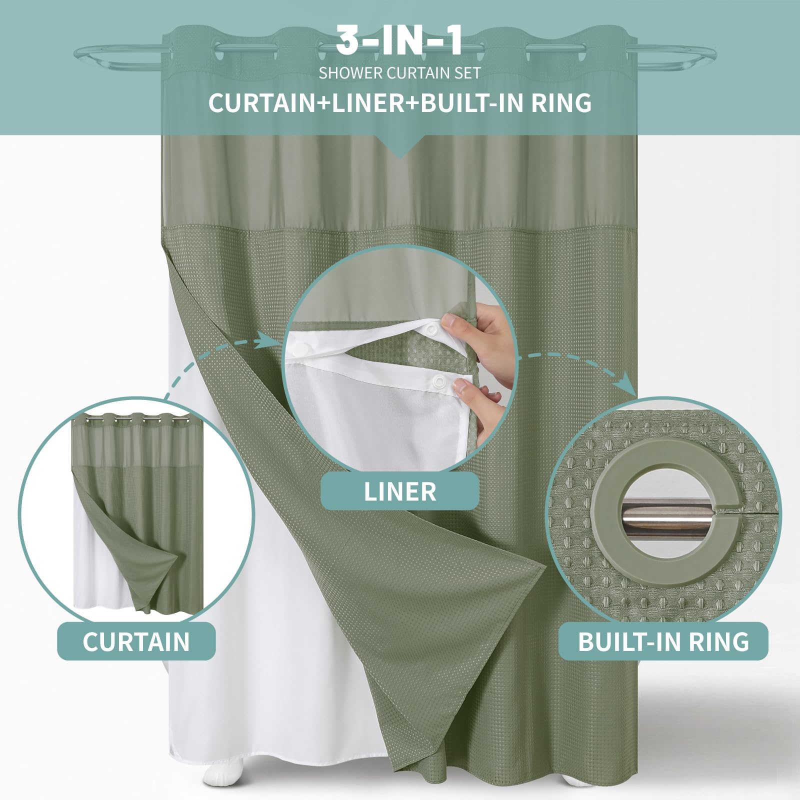 Eachope Sagegreen No Hook Waffle Weave Shower Curtain With Snap-In Liner Replacement, 230Gsm Waterproof Fabric Hotel Shower Curt