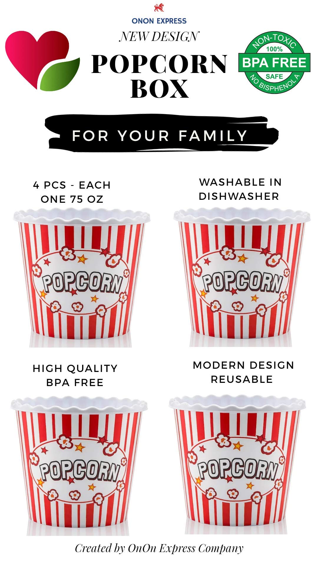 Ononexpress Modern Style Reusable Plastic Popcorn Box/Popcorn Containers/Popcorn Bowls Set For Movie Theater Night - (Bpa Free -