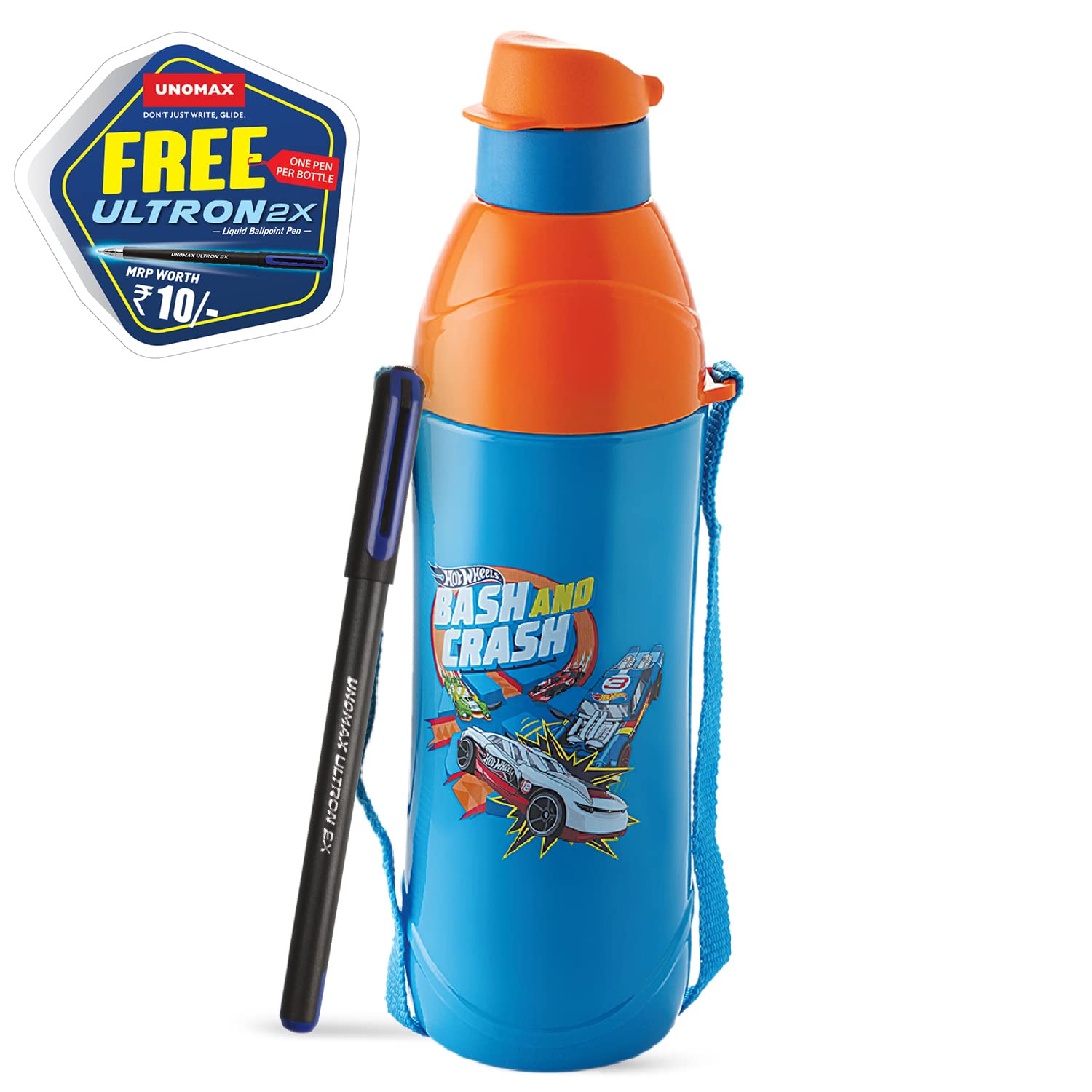 Cello Puro Junior 900 | Hot Wheel Print Plastic Water Bottle | 680Ml, Dark Blue With Free Unomax Ultron 2X Ball Pen