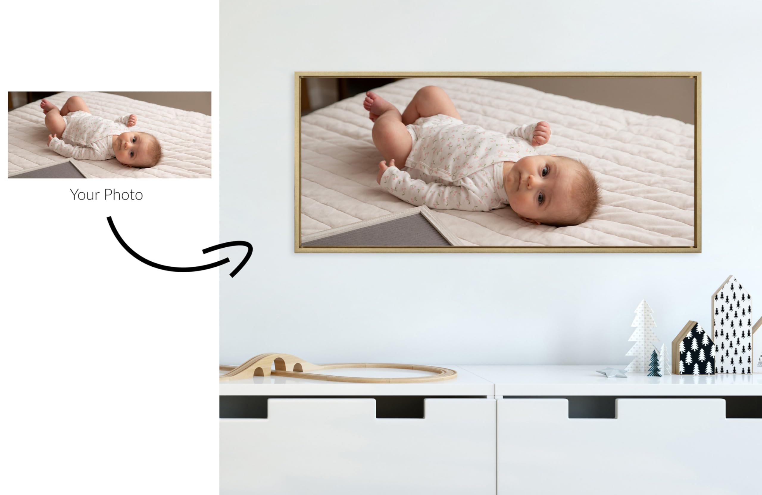 Kate And Laurel Sylvie Custom Printed Framed Canvas Wall Art, 40X18 Bright Gold, Personal Canvas Print With Your Photos For Bedr