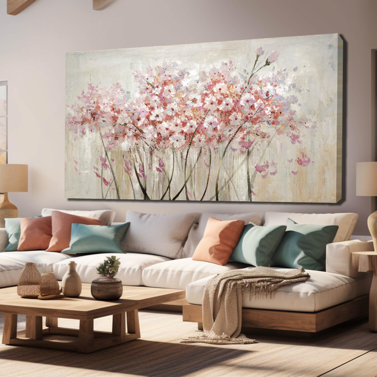 Yjyart Home Decor Pink Blossom Hand Painted 30X60 Inch Colorful Wall Art Large Canvas Wall Art For Living Room Bedroom Office Ki