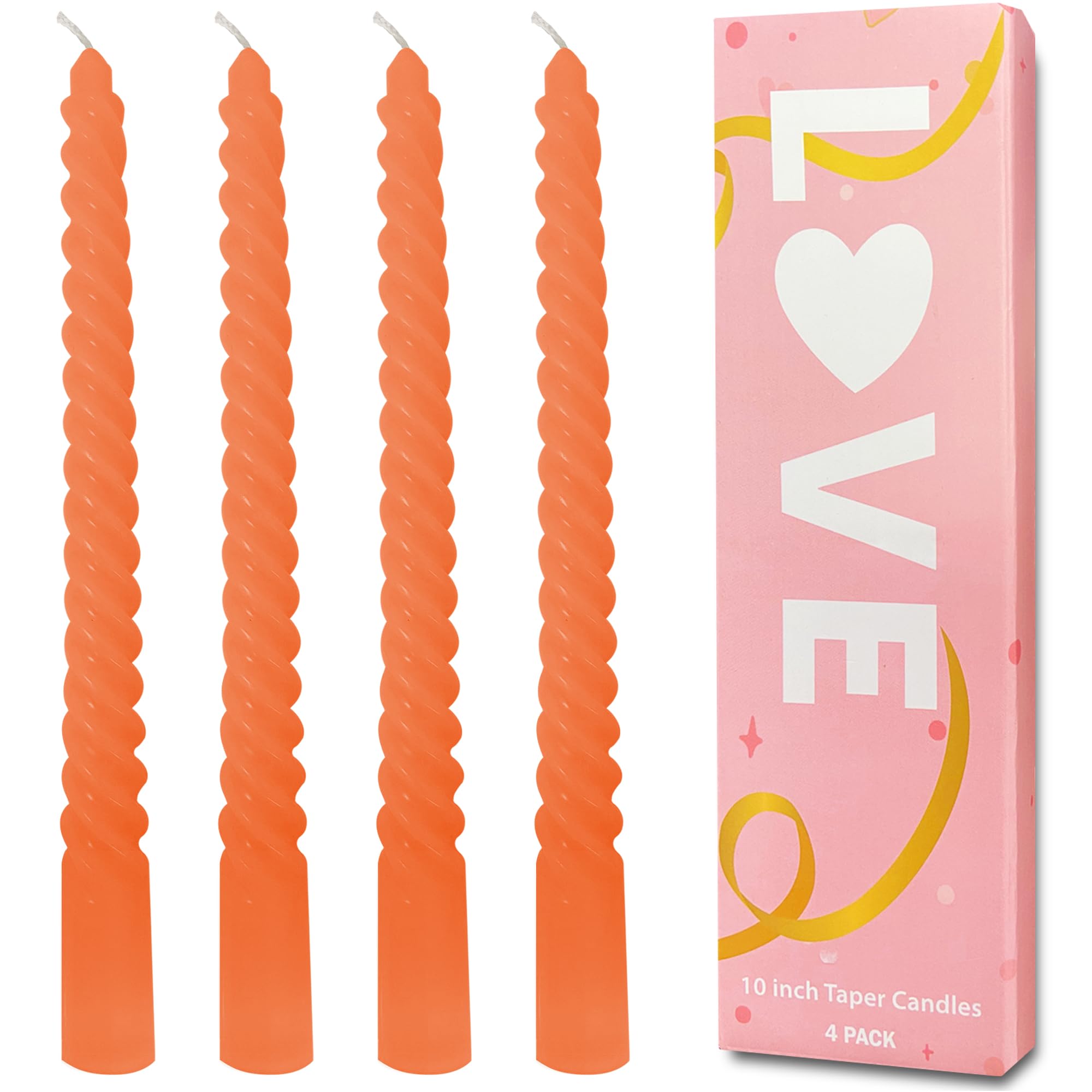 Topsics Orange Taper Candles, Spiral Twisted Taper Candles Set of 4, Unscented Taper Candlesticks 10 inch Tall, Home Decor Kitch