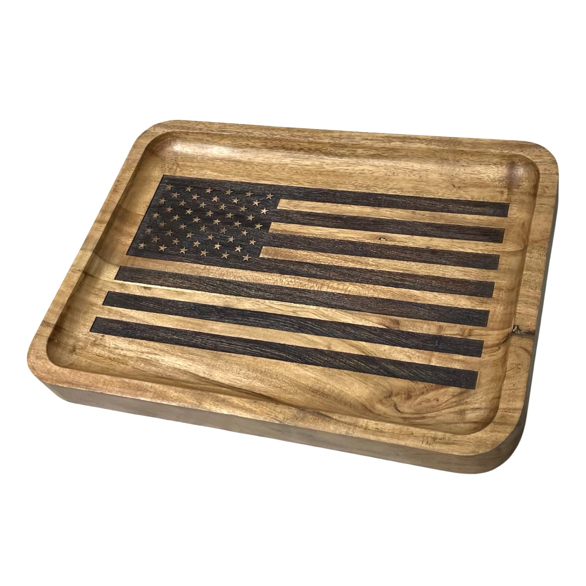 Guard The Line American Flag Valet Tray - Acacia Wood Catch All, EDC Tray - Every Day Carry Bedside Holder, Dump Tray EDC Organi