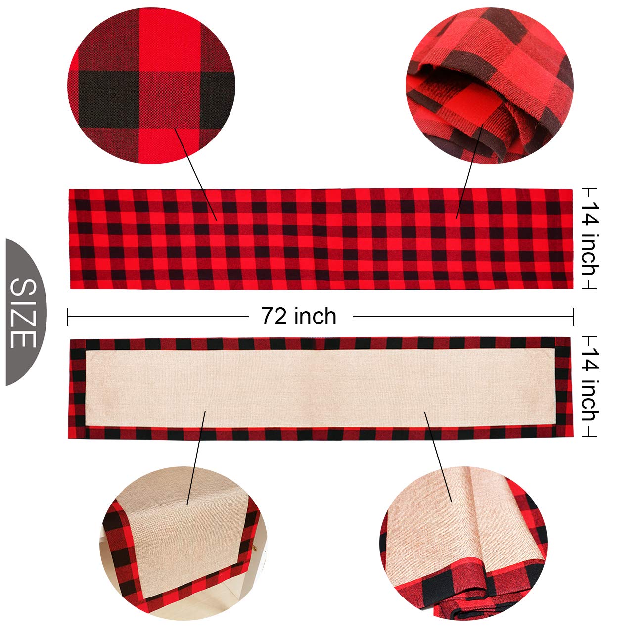 Senneny Buffalo Plaid Table Runner, Reversible Burlap & Cotton Table Runner, Farmhouse Buffalo Check Table Runner For Christmas