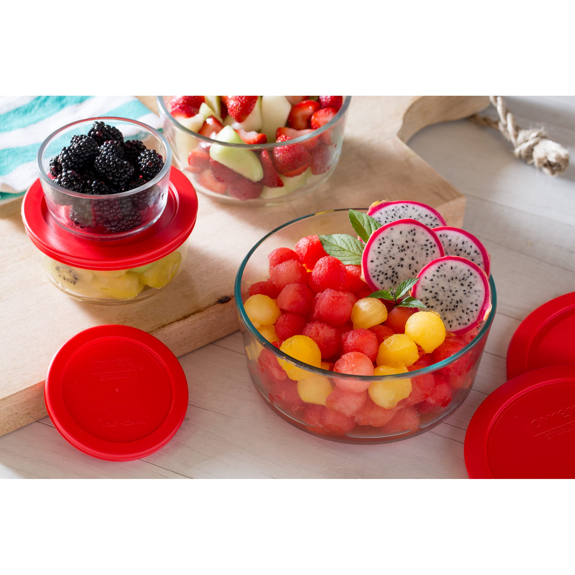 Pyrex Simply Store 1-Cup Glass Food Storage Container, BPA-Free Red Lid, Microwave & Oven Safe, Model 1070791