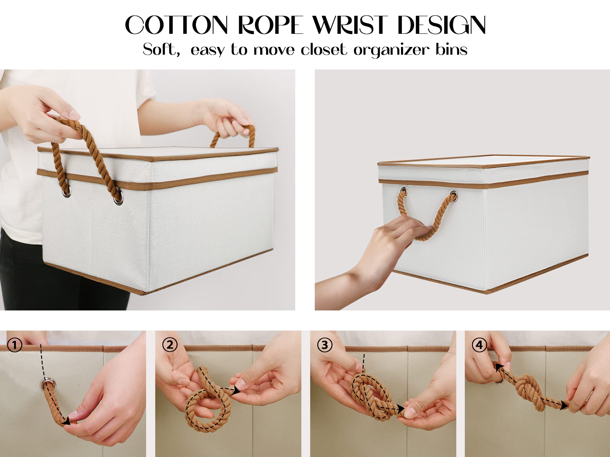 LoforHoney Home Fabric Storage Bins with Lids for Organizing  Foldable Storage Boxes with Lids for Shelves  Clothes Baskets with Cotton Rope Handles  Closet Storage Bins  Large  Beige & Brown  2-Pack
