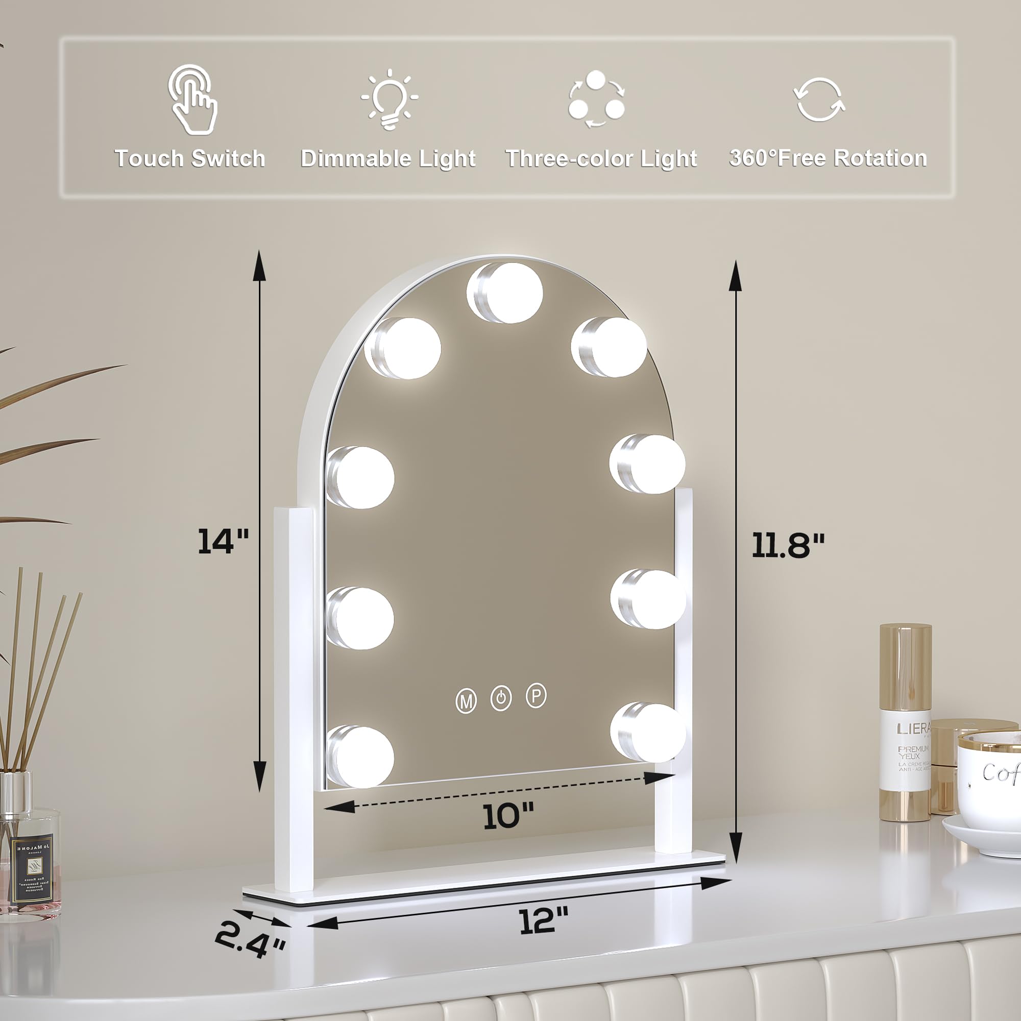 Svioby Vanity Mirror With Lights, 14''X12'' Arched Hollywood Makeup Mirror With 3 Color Modes And 9 Dimmable Bulbs, Desk Vanity