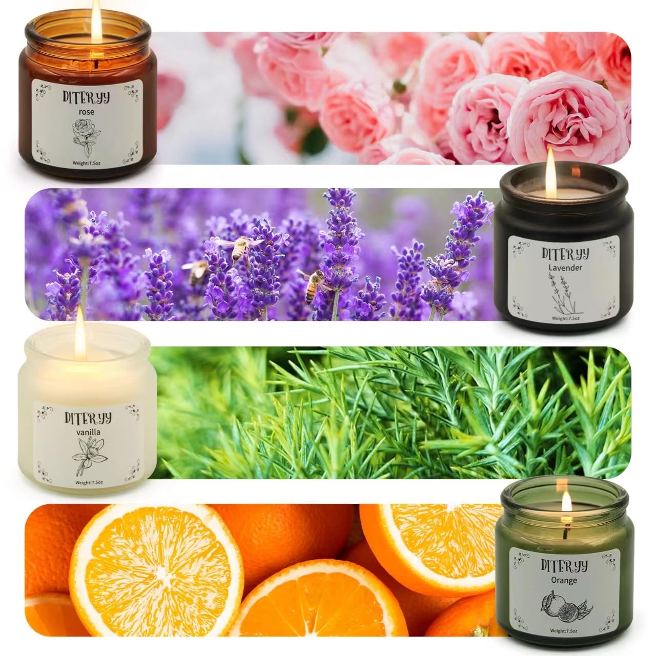 Diteryy 4 Pack Soy Candles for Home Scented Set Aromatherapy Essential Oil Candlewax Bulk for Stress Relief Long Lasting Small J