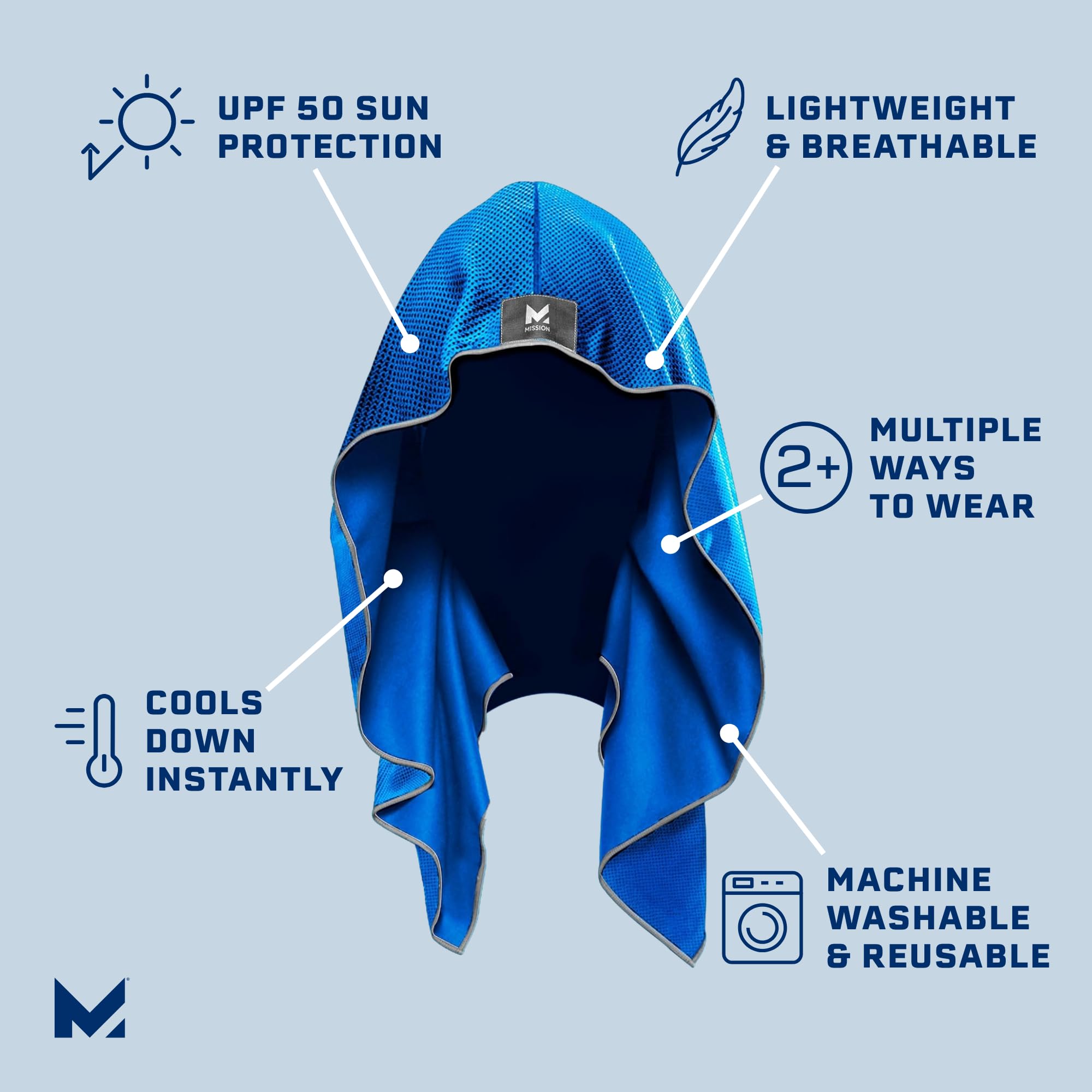 Mission Cooling Hoodie Towel, Mission Blue - Soft, Durable Microfiber - Cools Up To 2 Hours - Upf 50 Sun Protection - Machine Wa