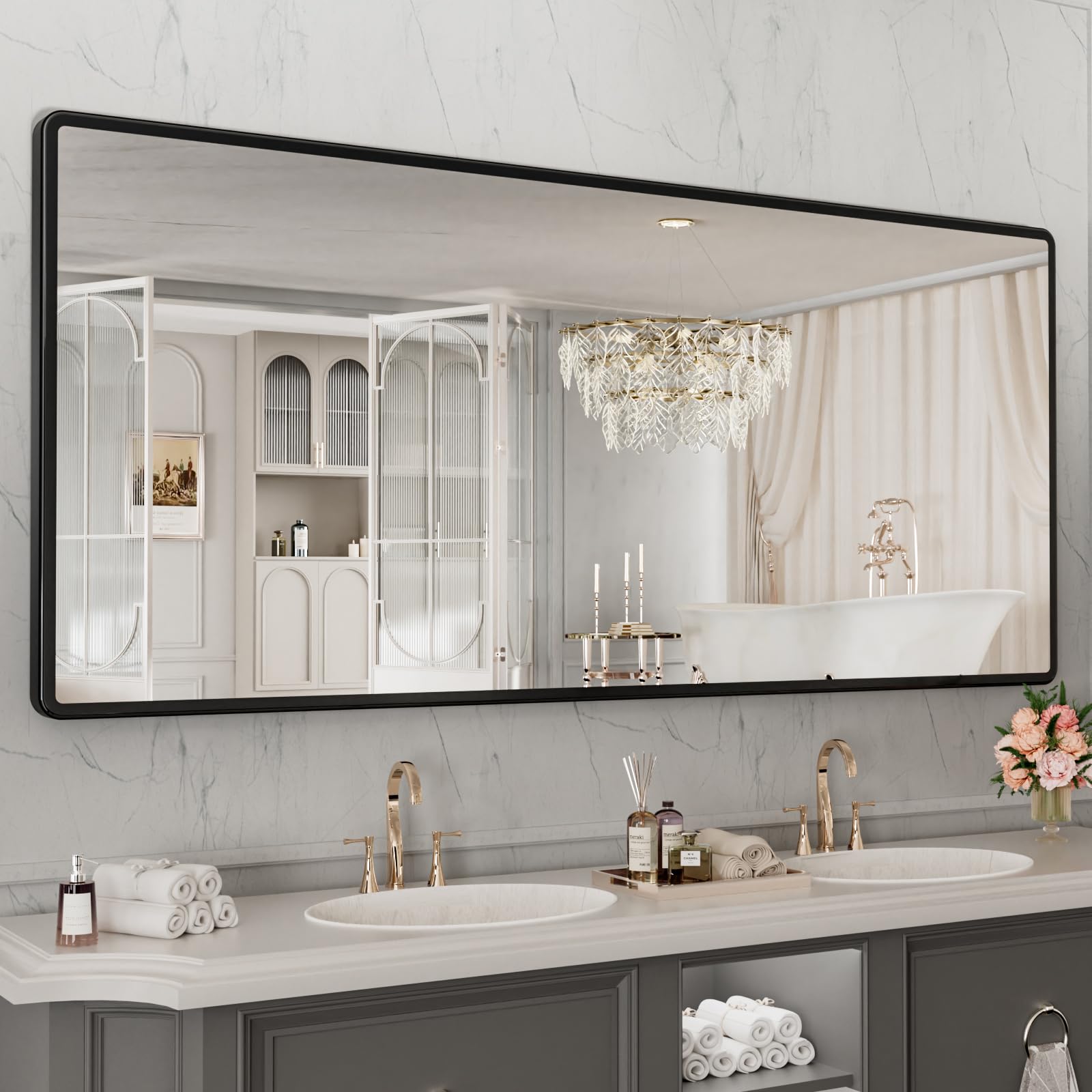 Pertetey New Upgrade 72X36 Inch Wall Mounted Bathroom Mirror, Black Metal Frame Rounded Rectangle Mirror, Bathroom Vanity Mirror
