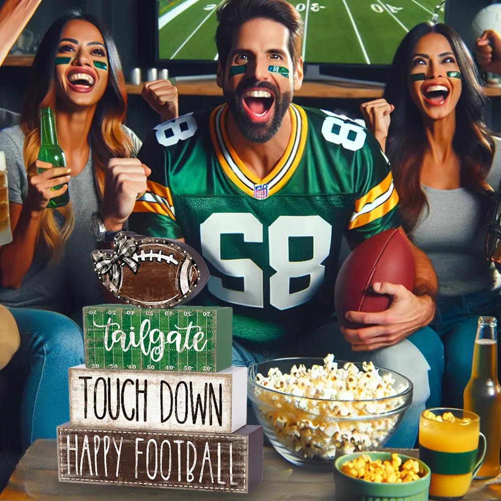 DIYDEC 4Pcs Football Table Decoration Happy Football Wooden Block Sign Fall Rugby Tiered Tray Decor Centerpiece Decorative Faux