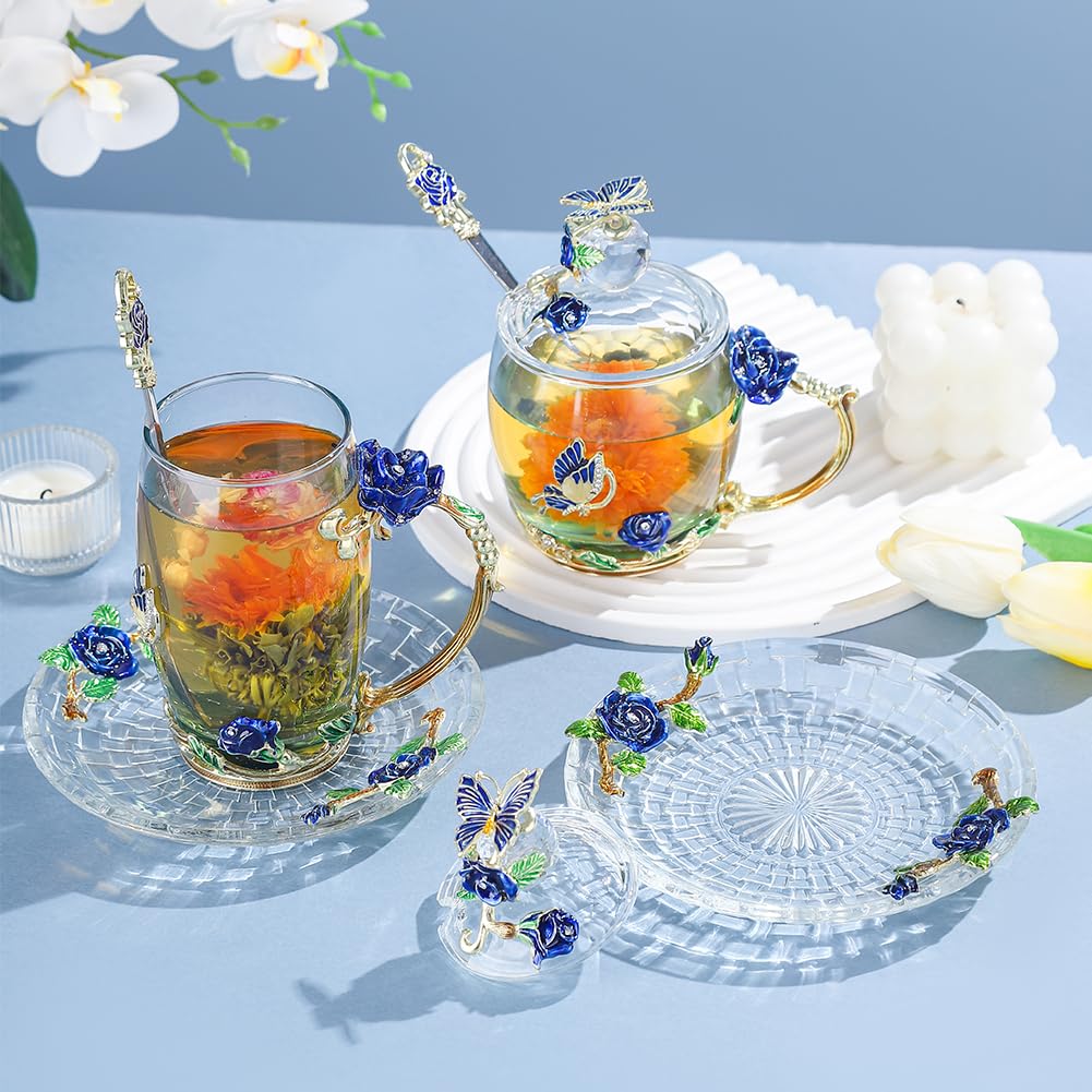 Lantree Glass Coffee Mug Birthday Christmas Gift For Women Mom Sister Girlfriend Coworker Flower Butterfly Tea Cup Antique Coffe