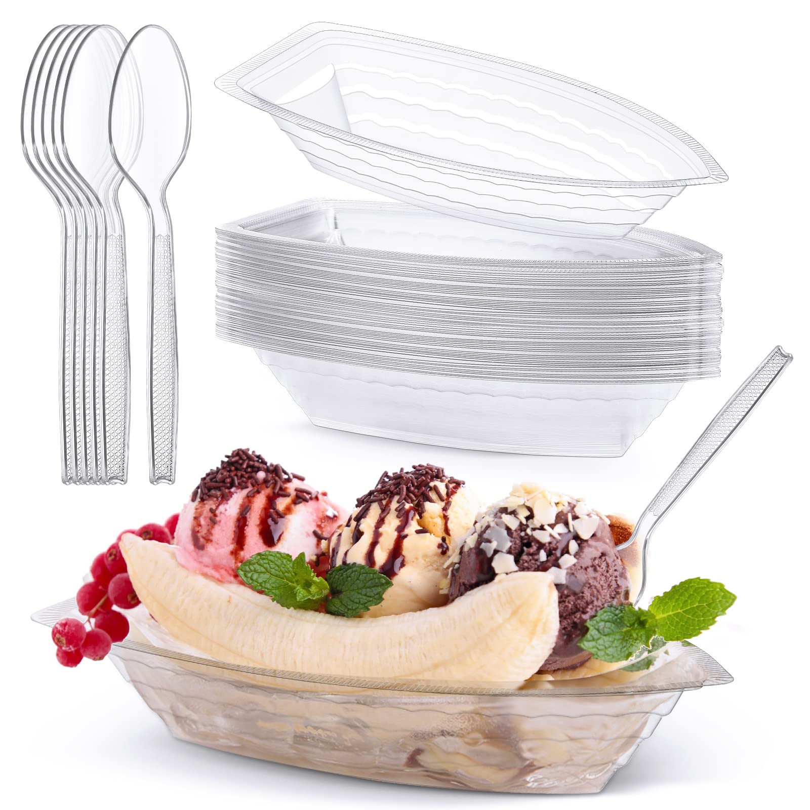 Sieral 32 Pcs 8 Oz Disposable Banana Split Boats With Spoons, Clear Plastic Ice Cream Sundae Bowls Banana Split Ice Cream Dishes