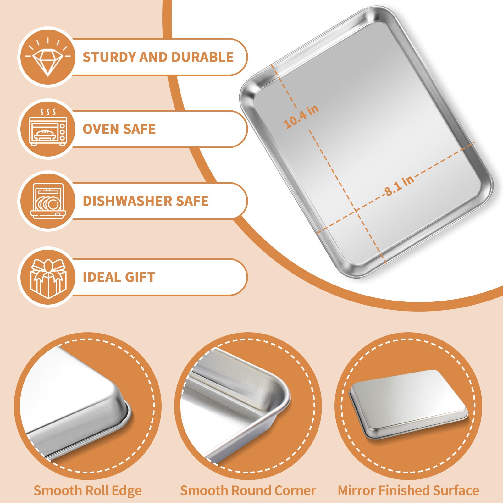 Deedro Stainless Steel Baking Sheet Set of 2, 10x8 Inch, Non-Toxic, Heavy Duty, Rust-Free, Dishwasher Safe, Silver